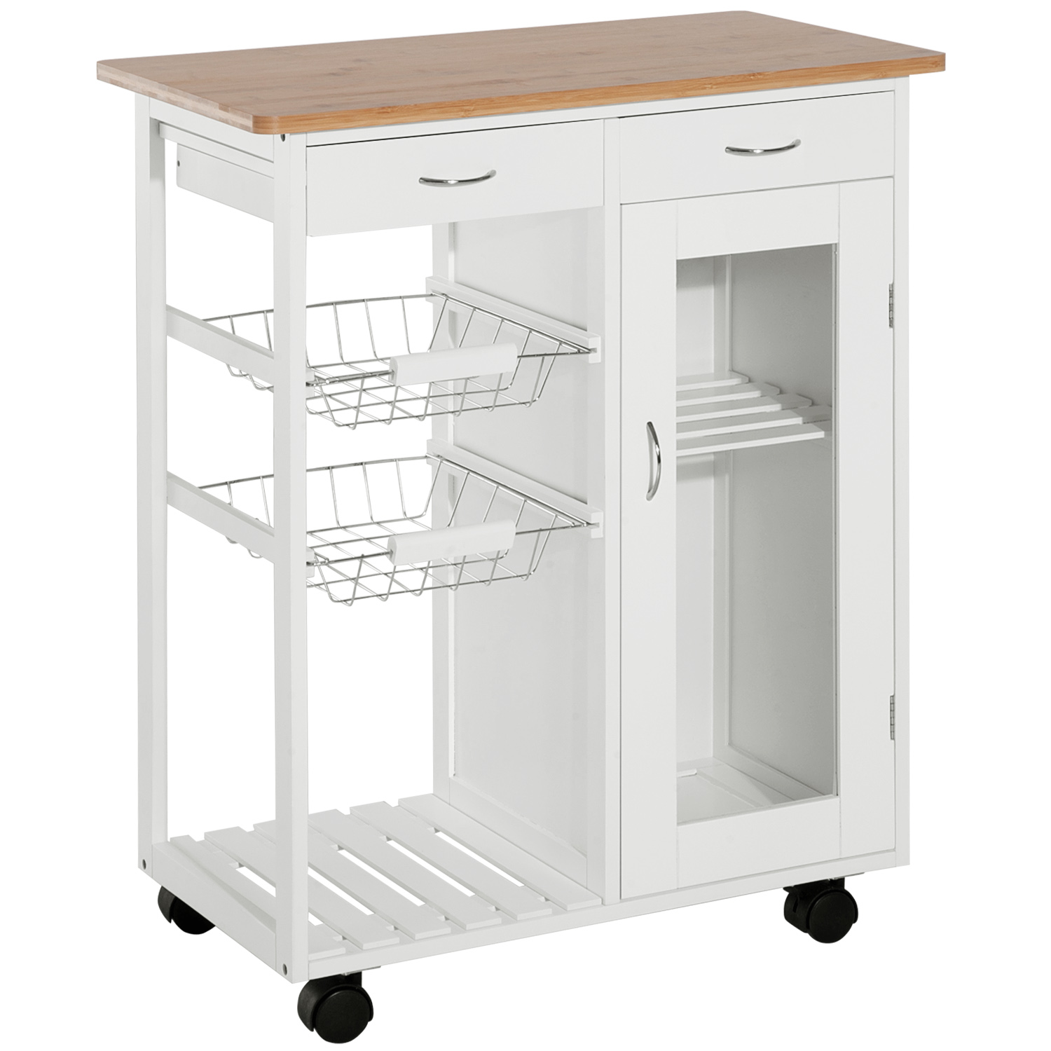 HOMCOM Küchenwagen, Servierwagen mit Tischplatte, Rollwagen, Beistellwagen mit Schubladen und Metallkörben, Küchentrolley, Küchenrollwagen, Holz, Weiß, 70 x 37 x 85 cm