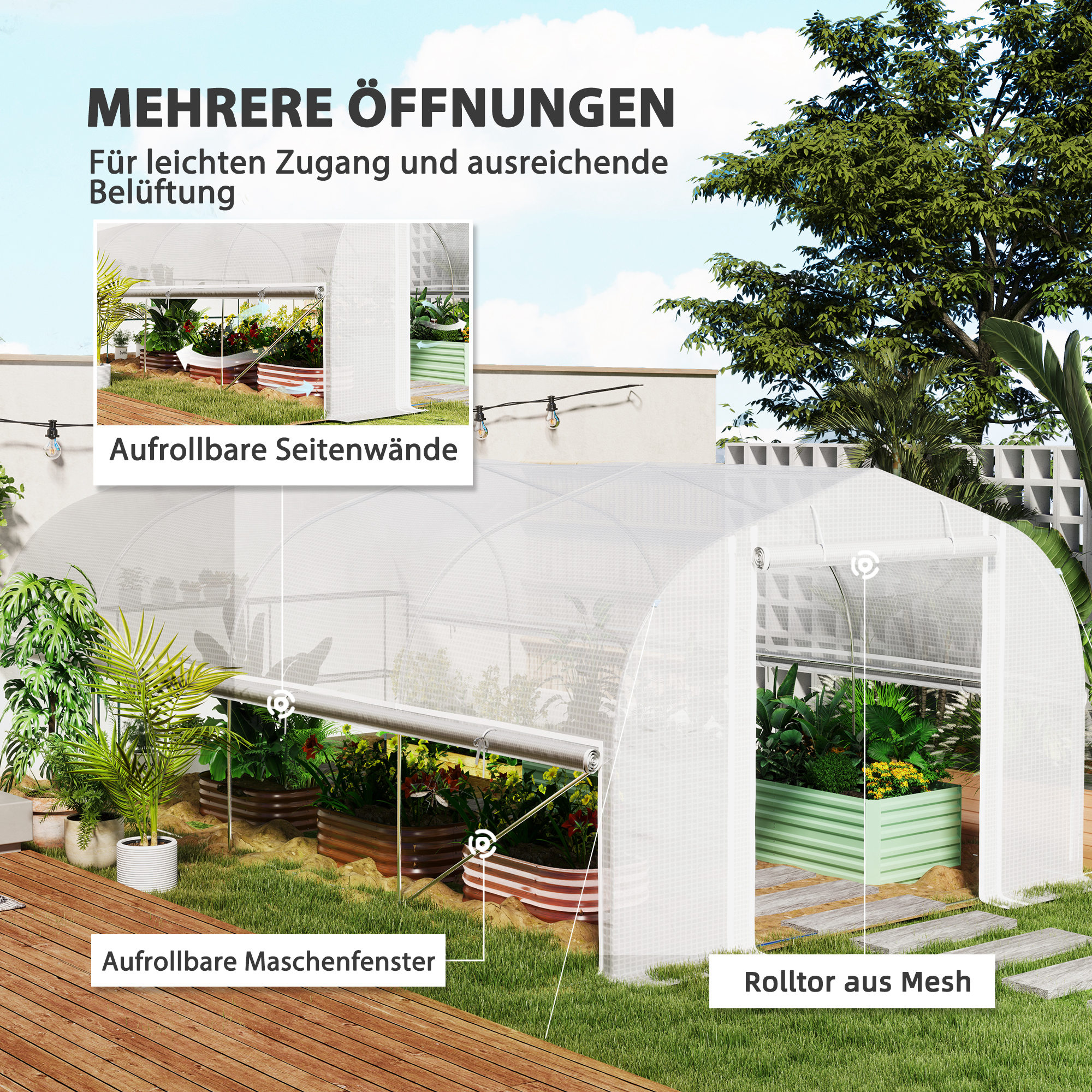 Outsunny 6x3x2m Kas, Toegankelijk, Met 8 Vensters, Deur, Vliegengaas, en Metalen Frame - Wit