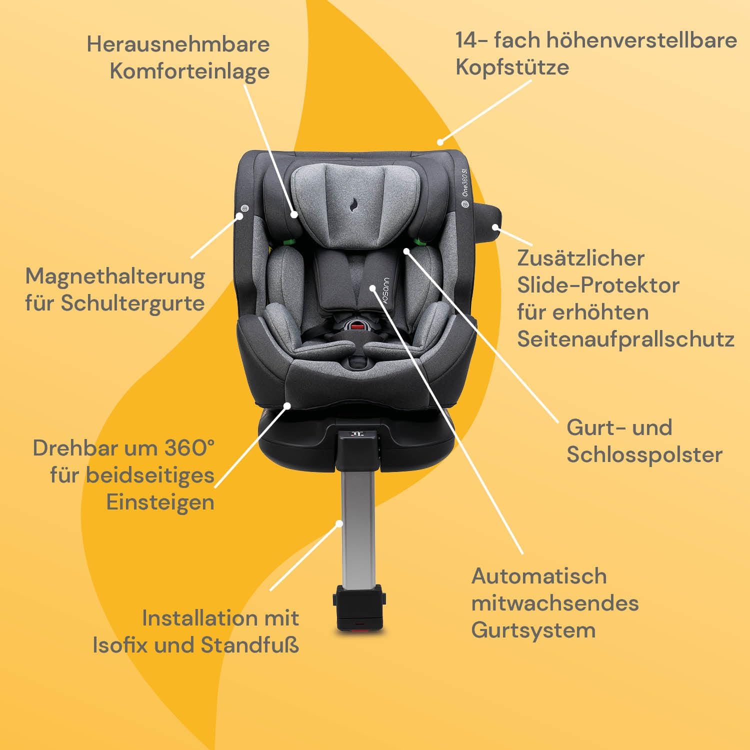 OSANN - Seggiolino auto Neonati/bambini One360 SL Isofix/Strut rotante a 360° - 40-150 cm - Da 0 a 12 anni - Gruppo 1/2/3 - Grigio, Altezze 14 posizioni, Schienale/Senso di marcia