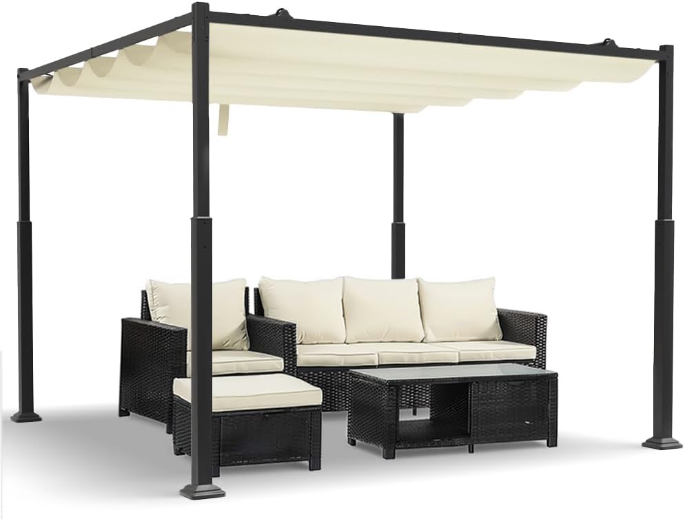 VOUNOT? Retractable Sliding Pergola 3 x 3 m, Garden Gazebo with Polyester Tarpaulin 180 g/m2, Awning for Outdoor Patio, Durable Metal Frame, Dark Grey