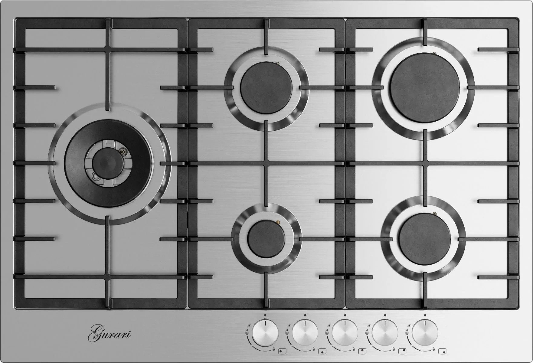 Gas-Kochfeld GCH FG 755 Einbaukochfeld aus Edelstahl 75 cm, Edelstahl, 4,0 KW WOK, 5 Gasbrenner,Erdgas, FL.Gas