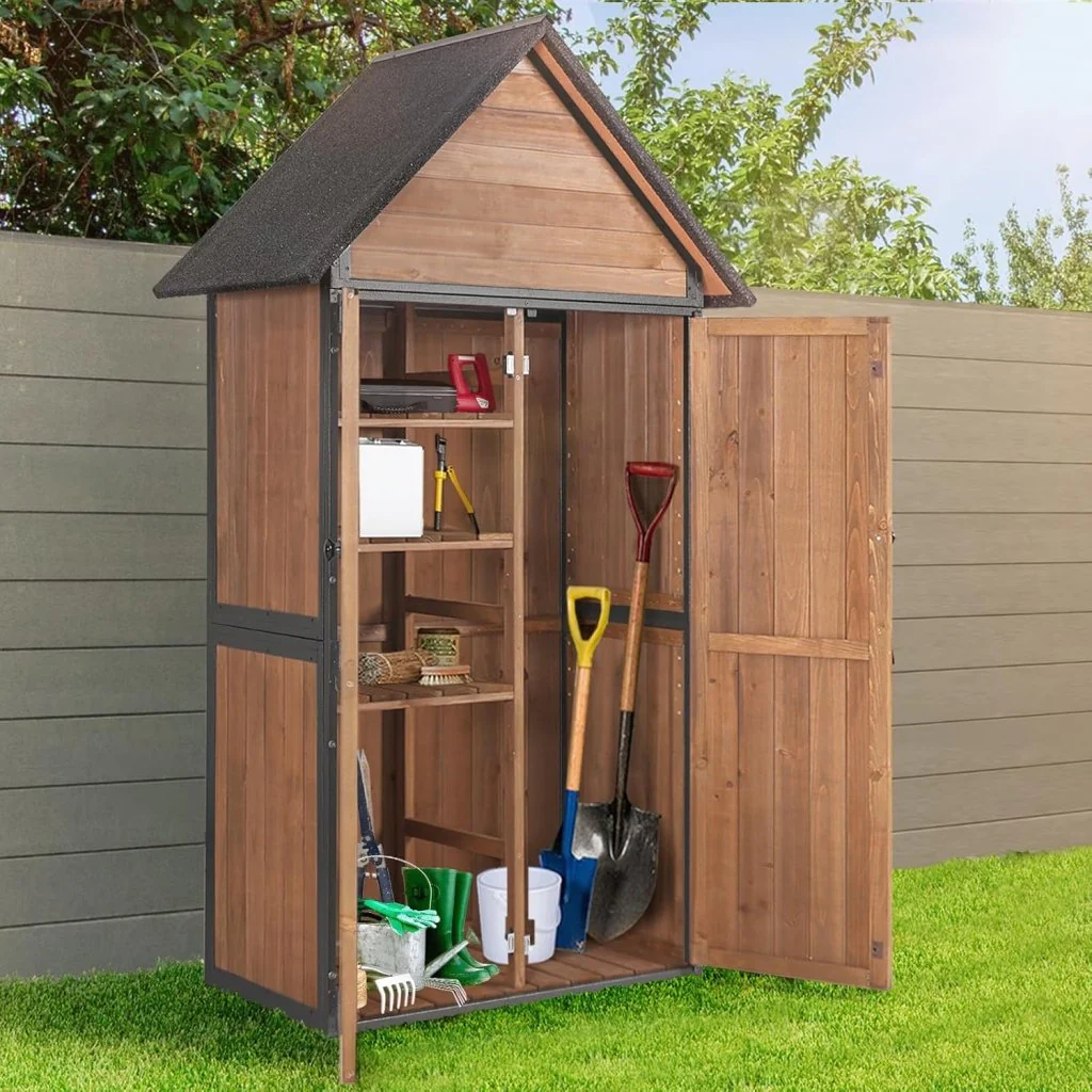 Sheds Outdoor Storage Garden Shed with Metal Frame Structure and Adjustable Shelves Large Capacity Storage Tool Cabinet Box for Backyard Garden Patio Lawn (Brown)