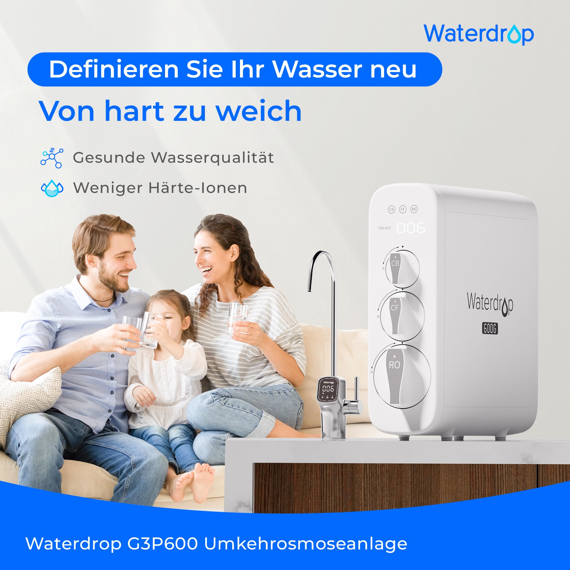 Waterdrop G3P600 Umkehrosmoseanlage 600 GPD tanklos mit intelligentem LED Wasserhahn für sauberes Trinkwasser
