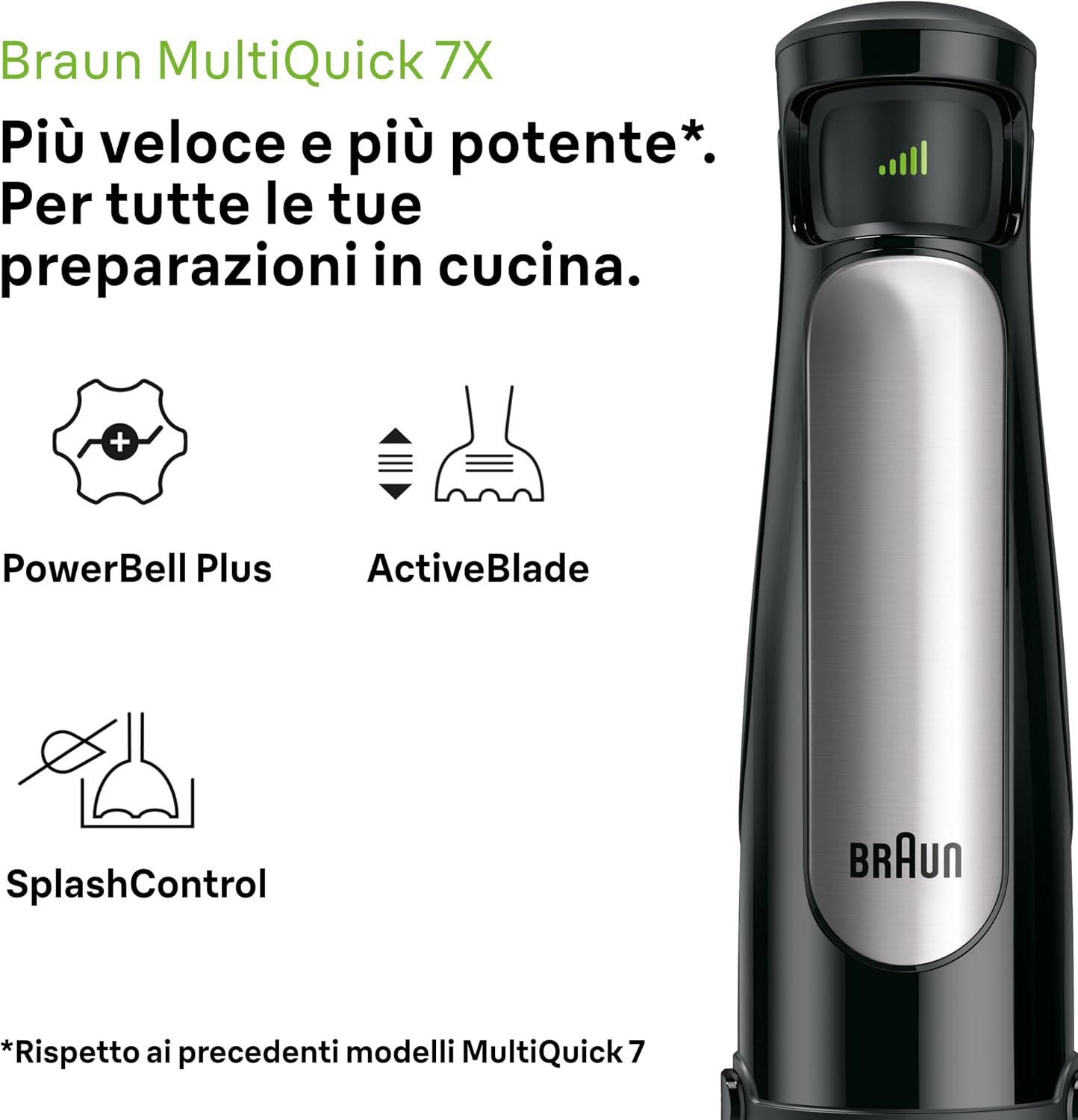 Braun MultiQuick 7 - Frullatore a Immersione con Tecnologia SplashControl, ActiveBlade, Selezione di Velocità Precisa, Frullatore 1,25L, Tritatutto, Frusta, Bicchiere 600 mL, 1000W, Nero (MQ7045X)