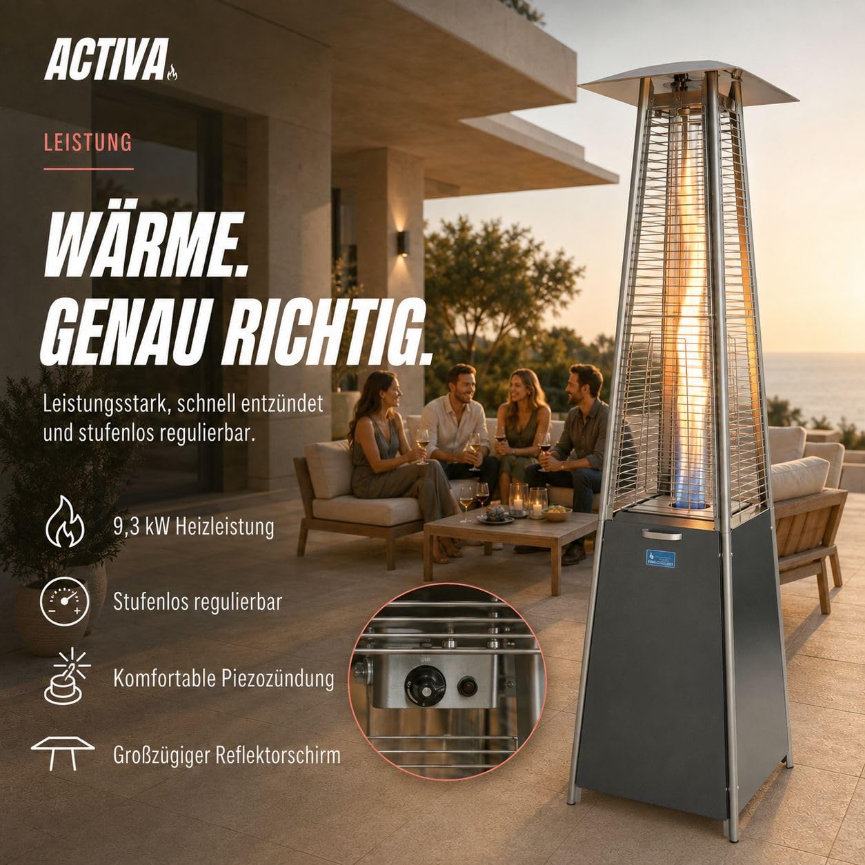 Gasheizstrahler Cheops II für Terrasse mit Flammeneffekt Duran Schott Glaszylinder Piezozündung für 5–11 kg Propan- oder Butangasflaschen