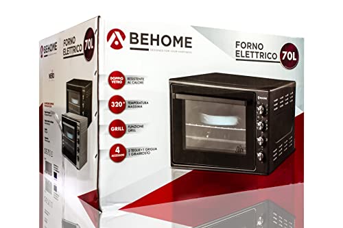 BEHOME Forno Elettrico Ventilato 70 litri con Girarrosto, Autopulente e Smaltato, Temperatura fino a 320° Doppio Vetro con Luce Interna e Timer 1 Girarrosto 2 Teglie e 1 Griglia (Nero) : Amazon.it: Casa e cucina