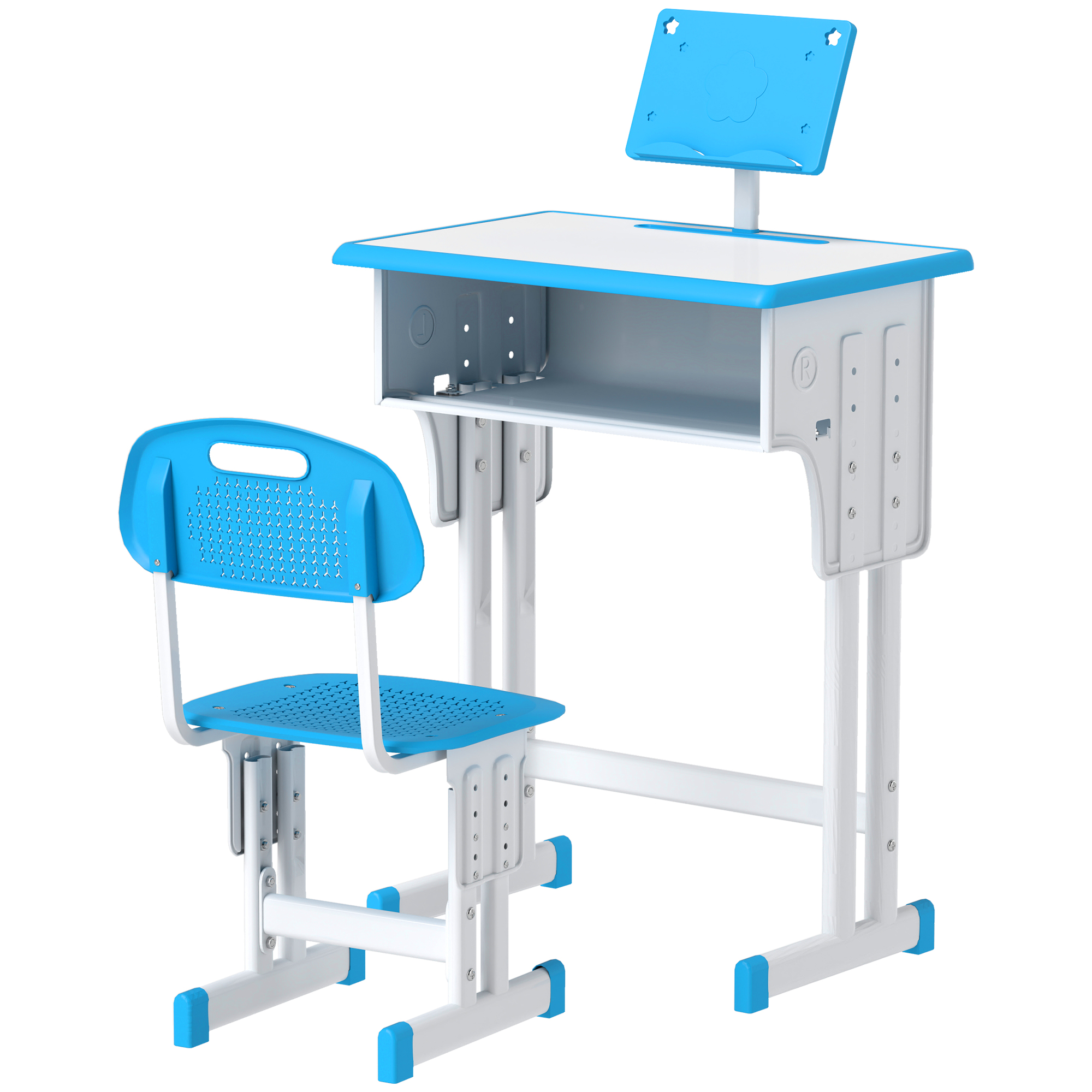 HOMCOM Kinder-Schreibtisch und Stuhl mit Leseständer Fach Haken und Stifthalter 60 x 45x 90-102 cm blau