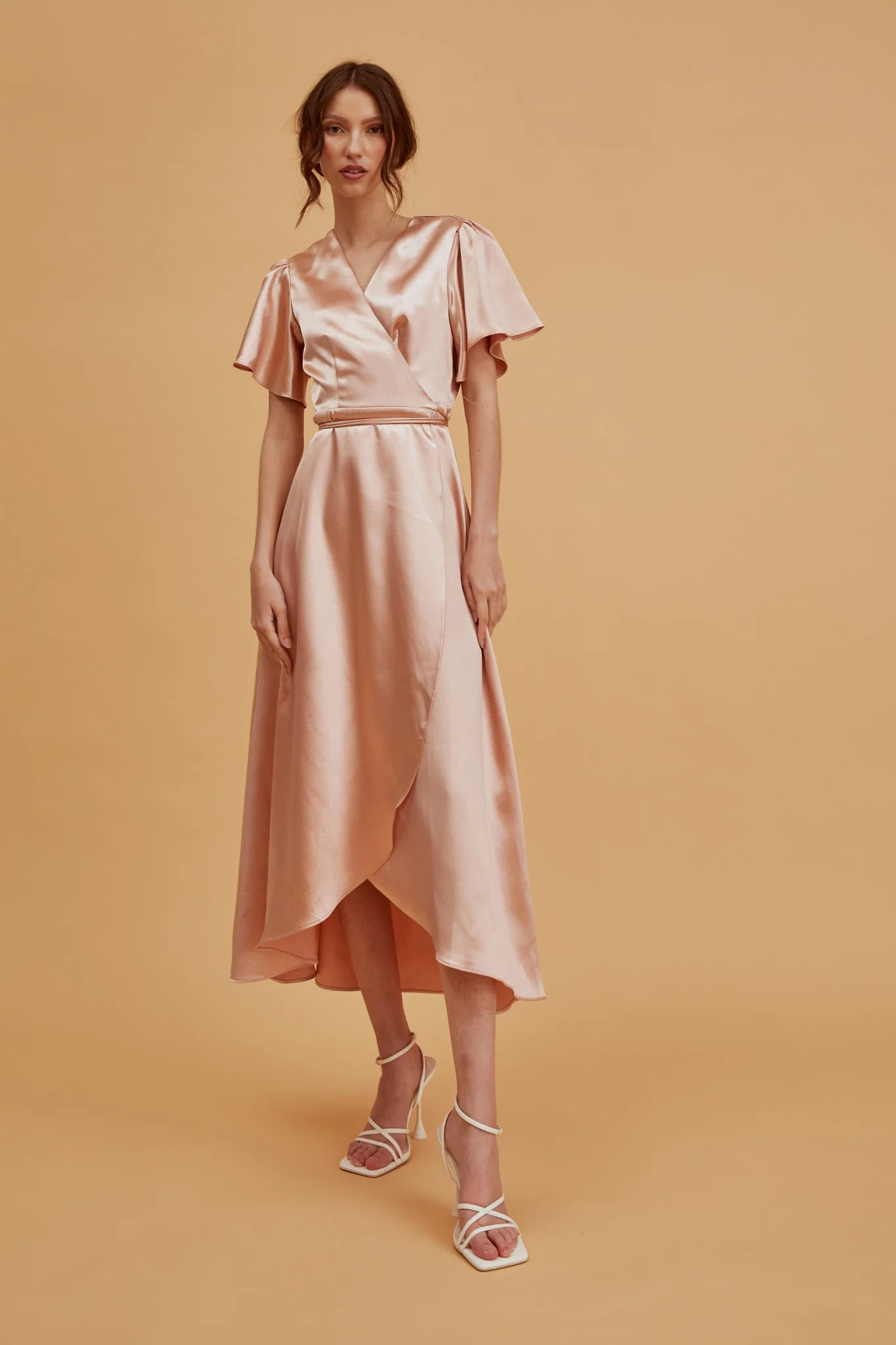 Serena Champagne-Satin Bridesmaid Wrap Midi-Dress