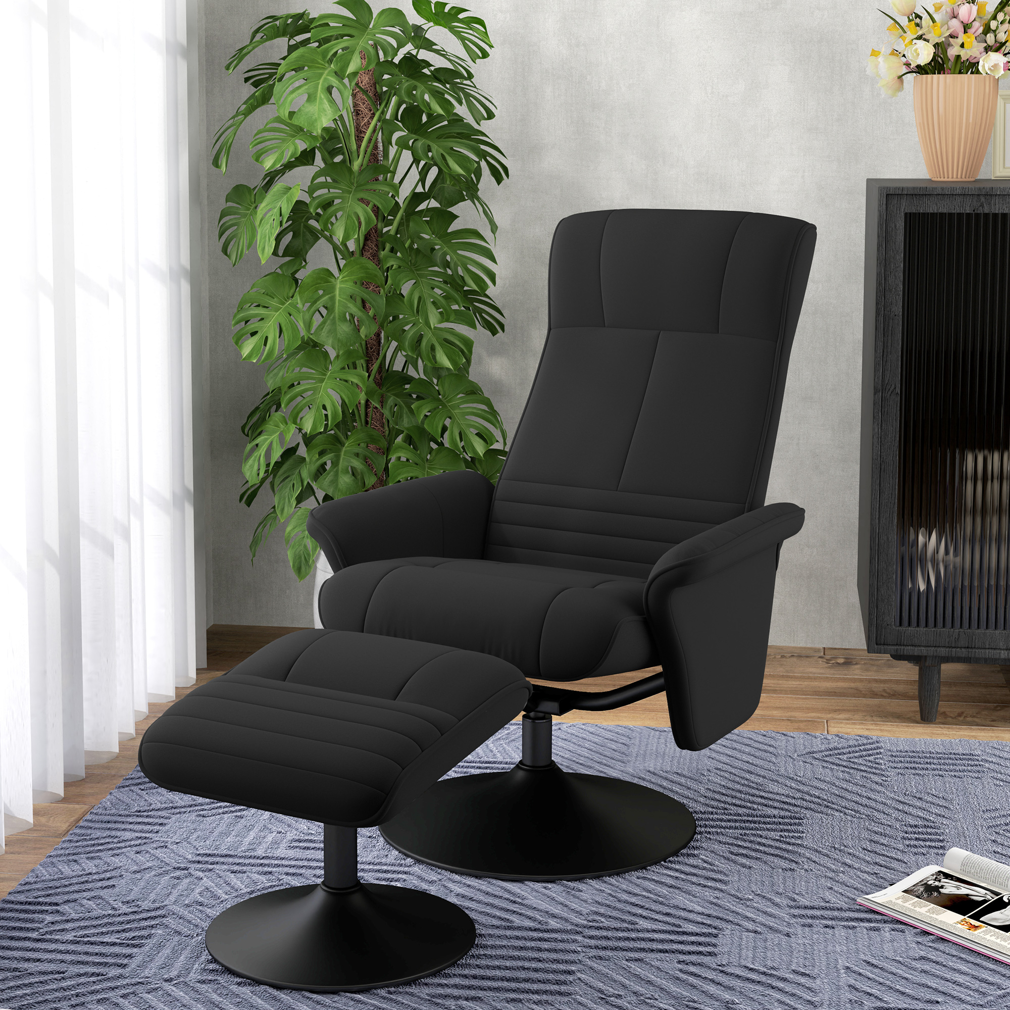 Polsterfauteuil, Accentstoel met Voetenbank, Draaibaar, Ergonomisch, Microvezeldoek, tot 150 kg, Zwart