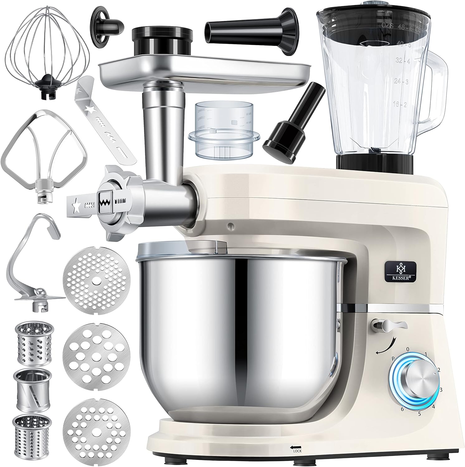 KESSER® 3 in 1 Universal Küchenmaschine K-KM 3000 mit Fleischwolf Knetmaschine Multifunktionale Rührmaschine 5,5L Schüssel mit 3 Rührwerkzeuge, 1,5L Entsafter, Zubehör-Set, Pasta & Gebäckformen