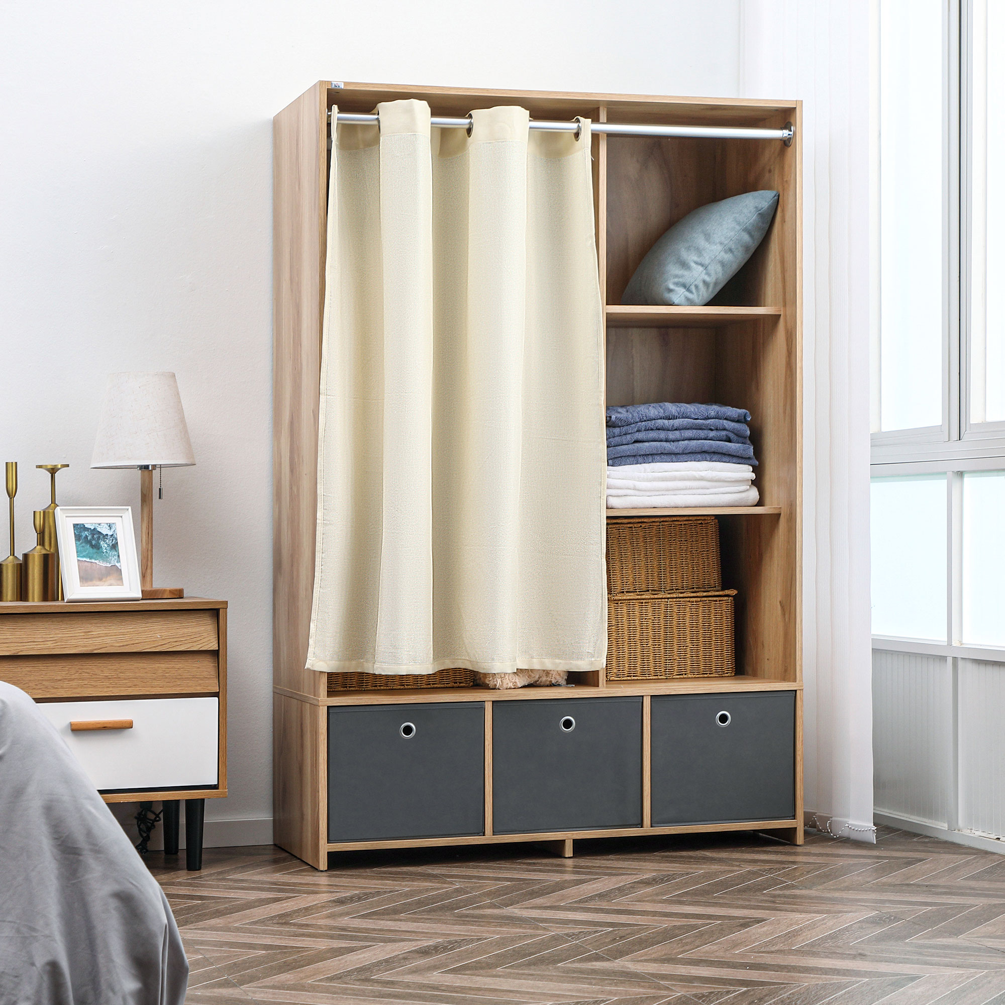 HOMCOM Kleiderschrank Kleiderschrank mit Stange Gardinen 3 herausnehmbare Stoffschubladen 105 x 48 x 160 cm Natur