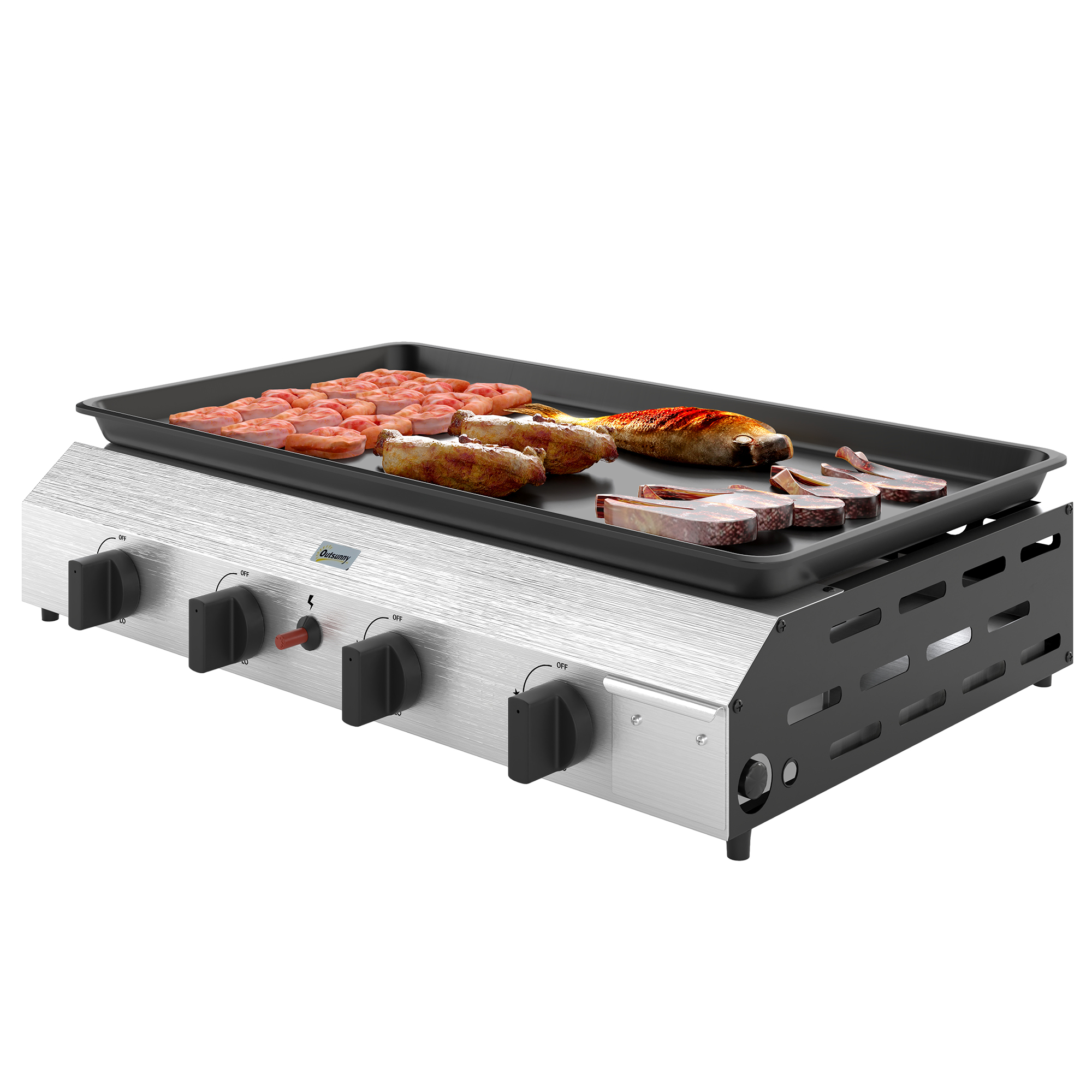 Outsunny Gasgrill 8000BTU/2,4 KW Grillwagen inkl 4 Edelstahl-Brenner Druckminderer 44 x 44,5 x 19 cm Silber+Schwarz
