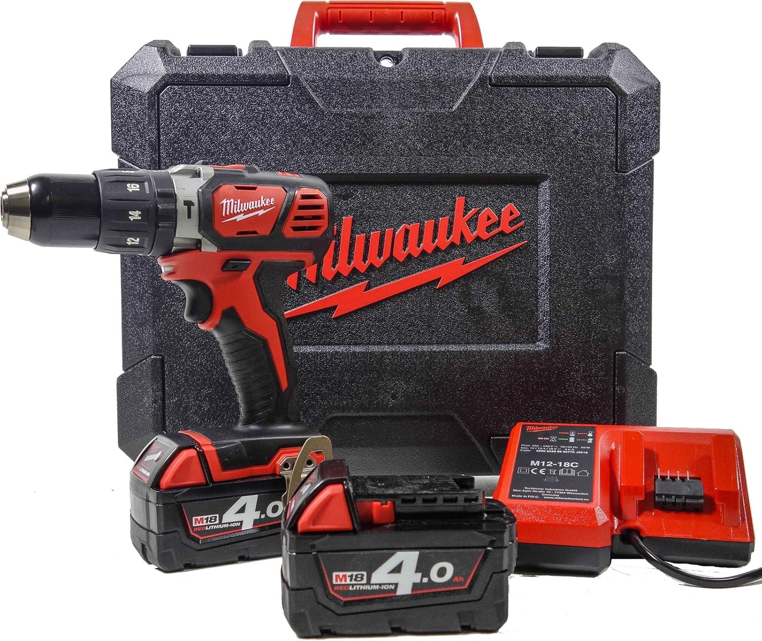 Milwaukee 4933443520 Trapano A Percussione M 18 Bpd-402C 18 V, 4,0 Ah Al Litio, 2 Livelli Di Velocità, 60 Nm, Rosso
