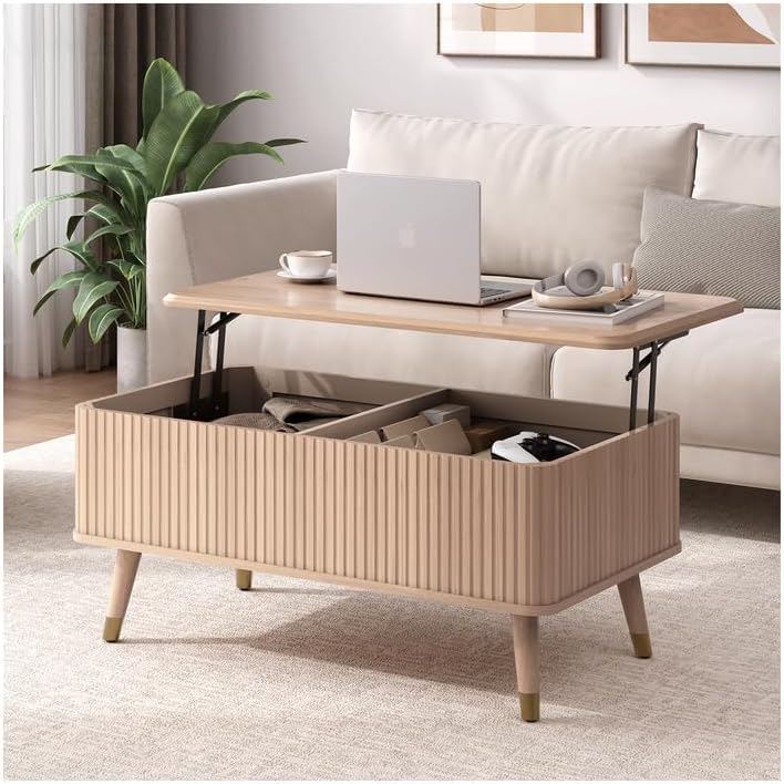 Round Coffee Table with Storage,Fluted Center Table with Sliding Cabinet Door for Living Room,Home Small Space,31.5