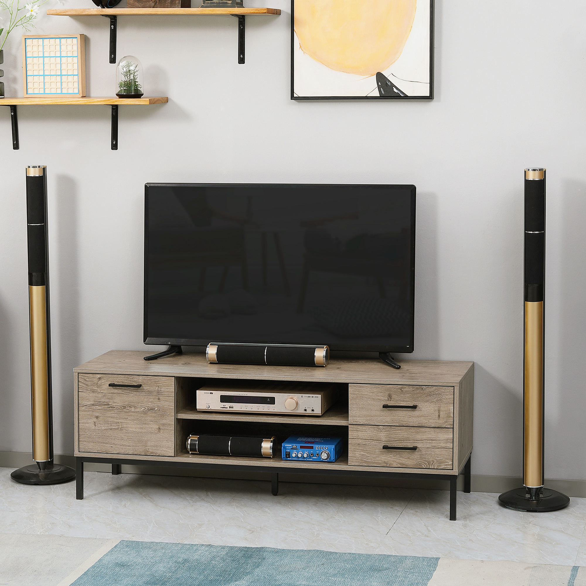 HOMCOM TV-Möbel TV-Schrank für Fernseher bis zu 50 Zoll mit Schrank, 2 Schubladen und 2 Fächern - 2 Kabeldurchlässen - 132 x 39 x 45,5 cm Grau Schwarz