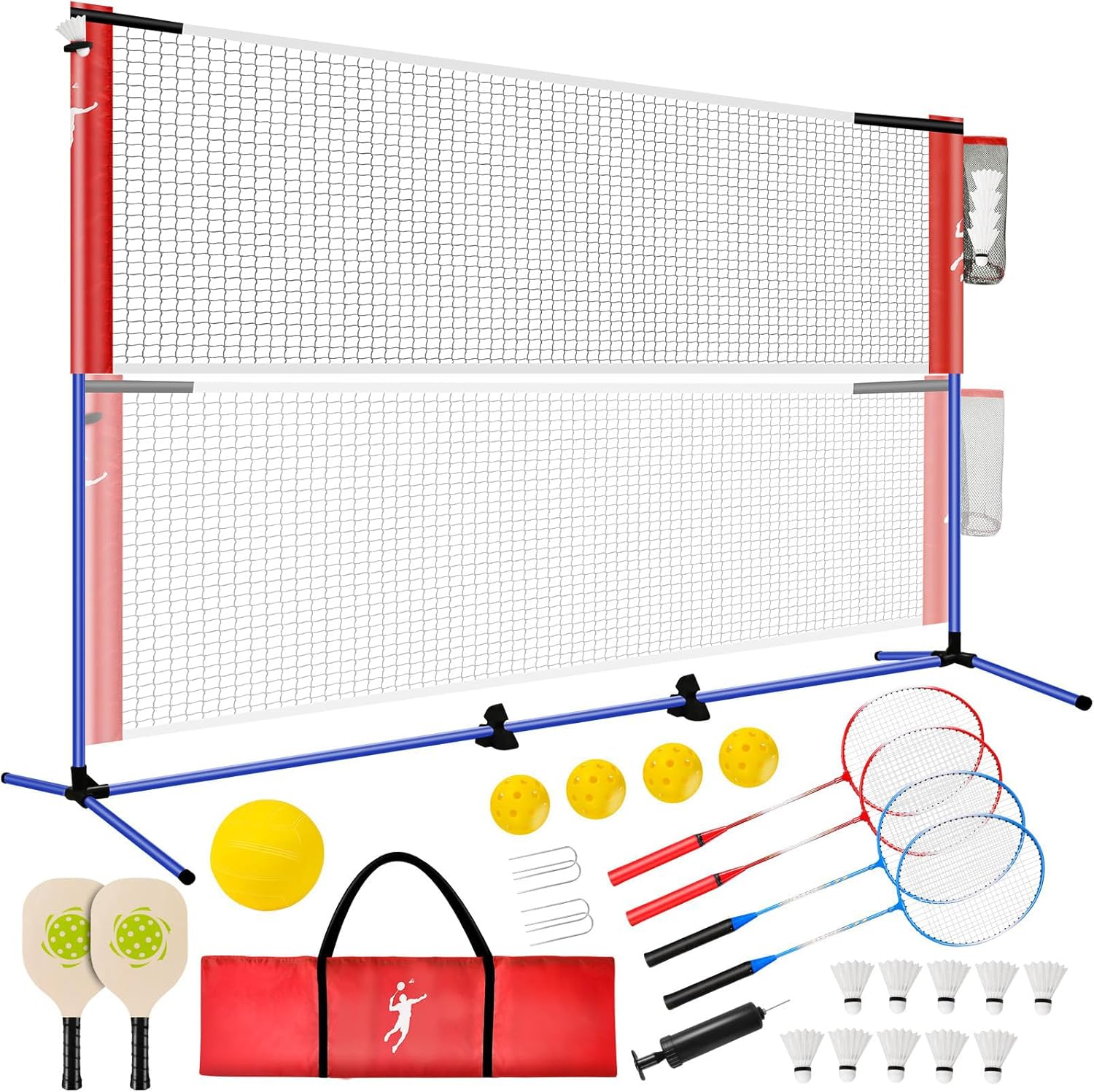 Rete Multisport Regolabile per Badminton, Pallavolo, Pickleball e Tennis | Set Portatile con Paddle e Racchette, 5 Punti di Ancoraggio Indoor/Outdoor
