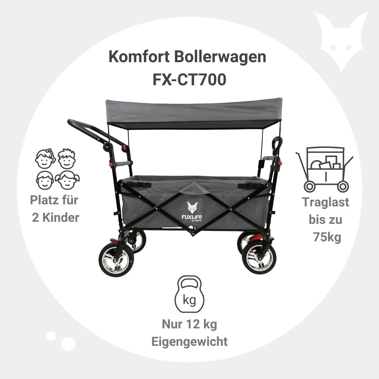 Fuxlife Bollerwagen CT700 faltbar grau mit Bremsen 75 kg Tragkraft robust für Camping Garten Ausflug
