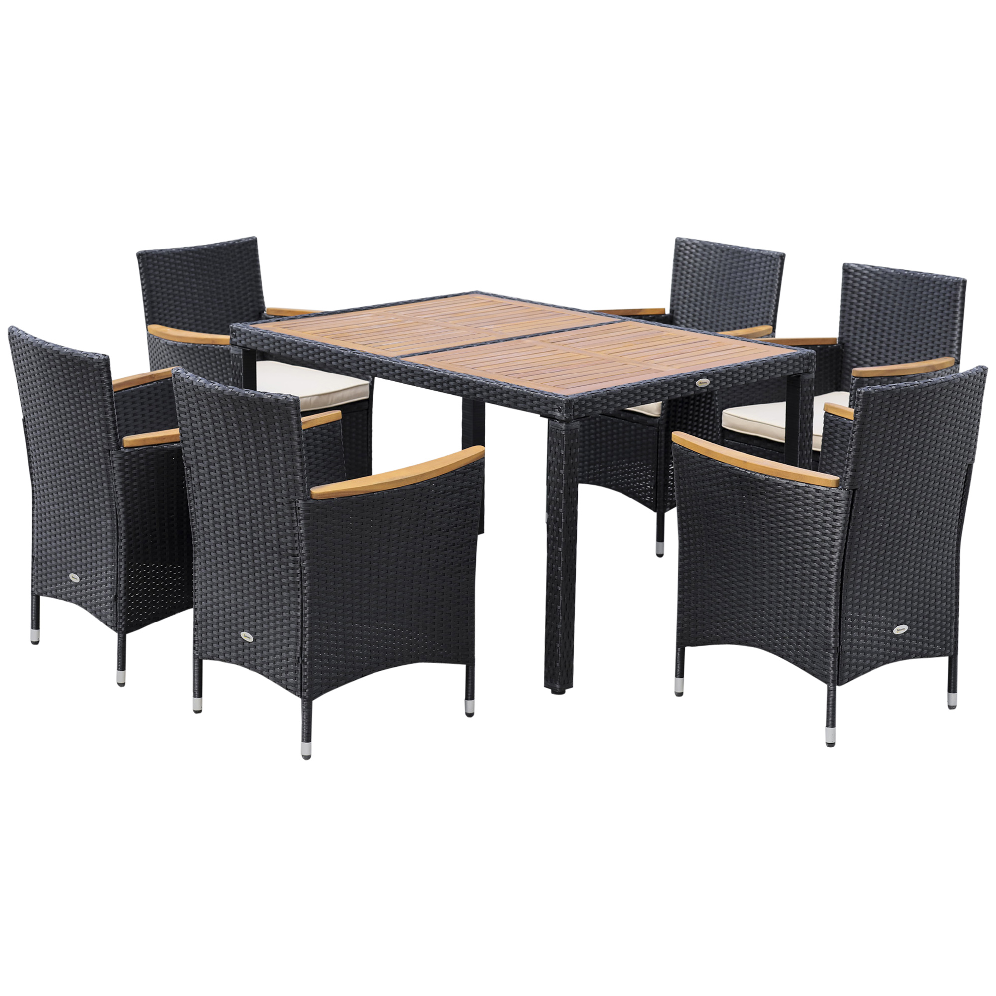 Outsunny Gartenmöbel-Set 6 Personen großer rechteckiger Esstisch + 6 Stühle & waschbare Kissen aus Stahl, PE-Rattan, Akazienholz Schwarz und Beige