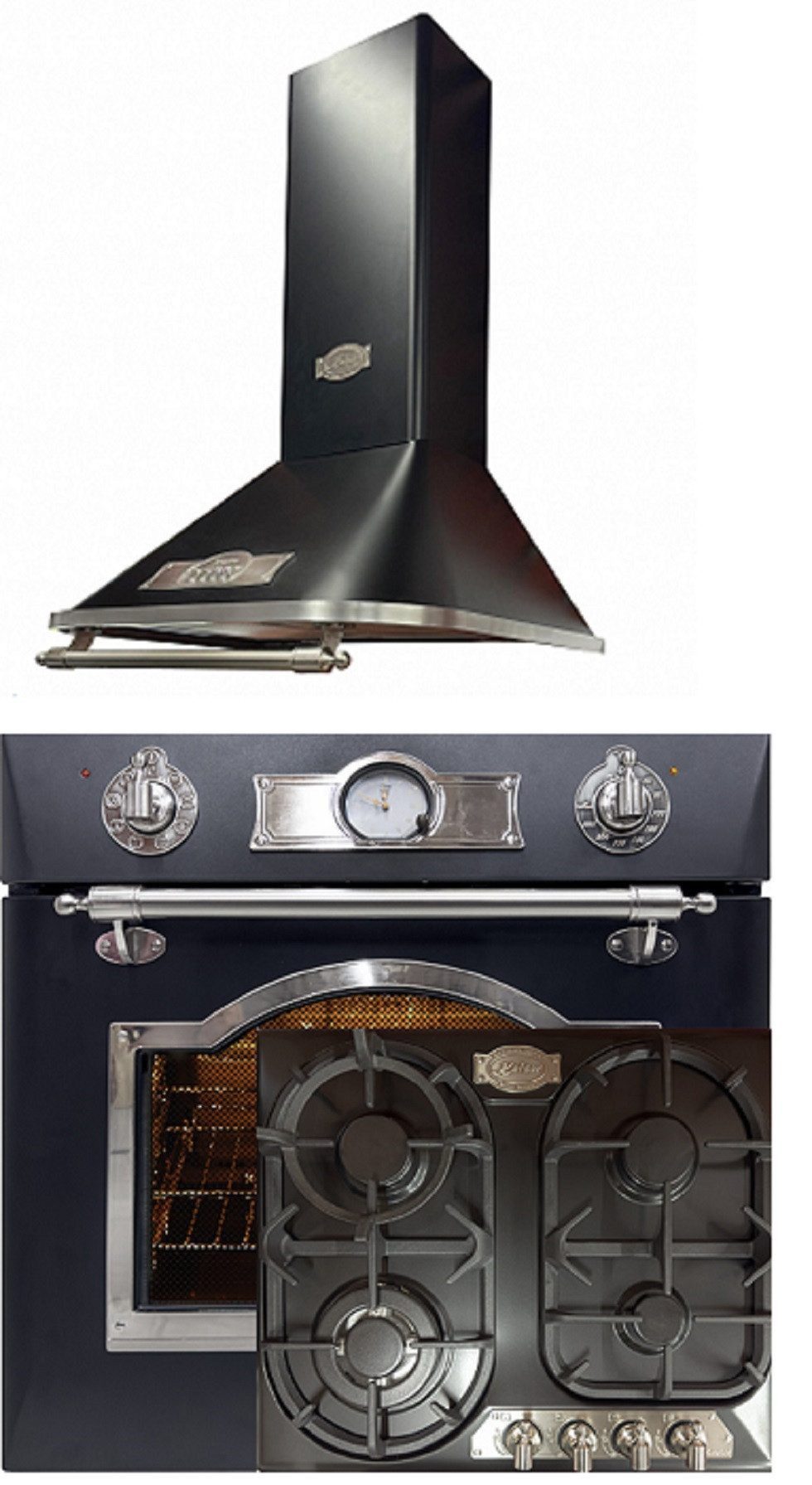 Backofen-Set Herd Set Autark Elektro Backofen, Selbstreinigung, Drehspieß, 8 Funktionen mit Gaskochfeld, 4 flammig, 60 cm mit Dunstabzugshaube 60 cm Silber, 910 m³/h EH 6355 Em Sil+KG 6325 Em Sil Turbo+A 6315 Em Sil Eco.