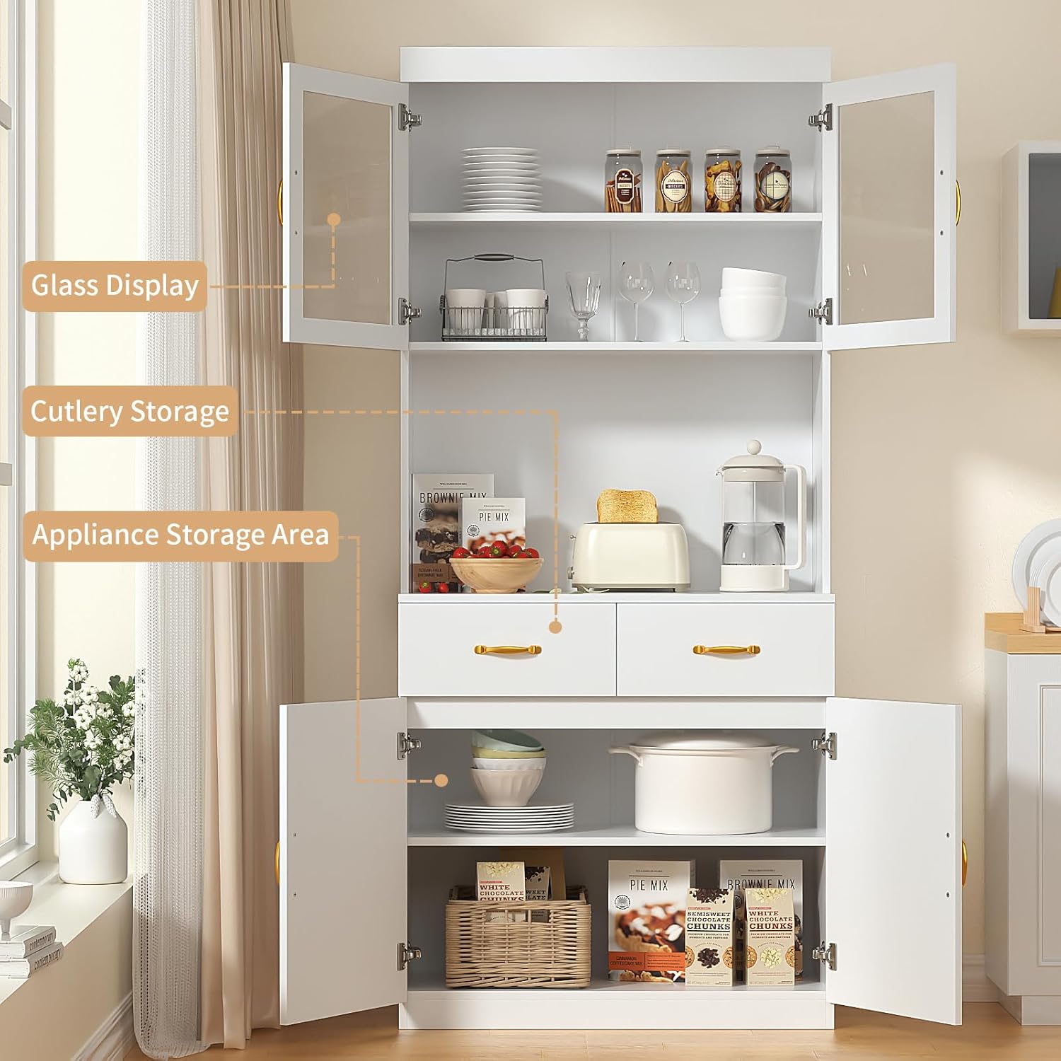 VOWNER Credenza Cucina Alta, Cucina Dispensa, Mobile Buffet, Mobile Dispensa con 4 Armadietti, Armadio Dispensa, 2 Ripiani Regolabili, MDF, 80L x 40W x 181H cm (Bianco)