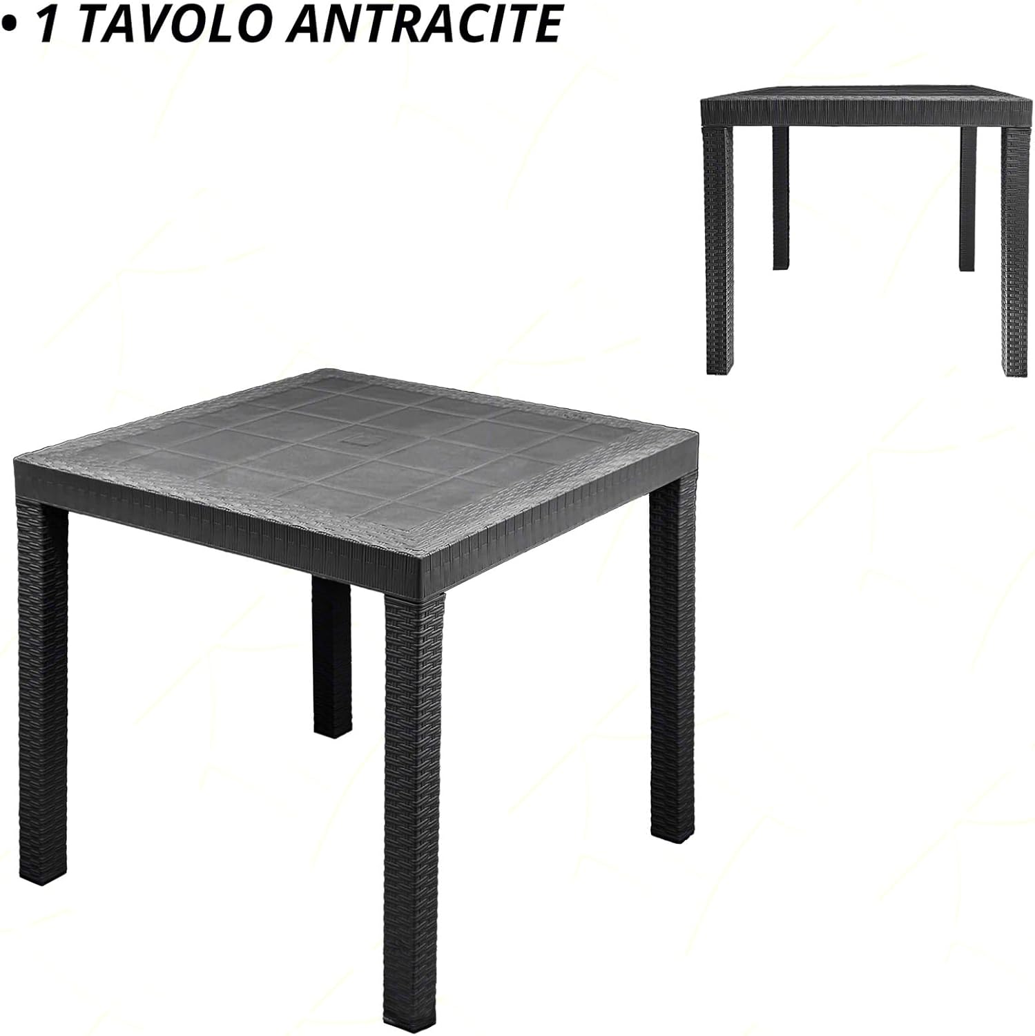 Sicignano Set of 5, 4 Chairs with Armrests + 1 Square Rattan Table – Stackable, UV Resistant, Indoor Outdoor Furniture Bar Pub Garden Terrace, Made in Italy (Anthracite)
