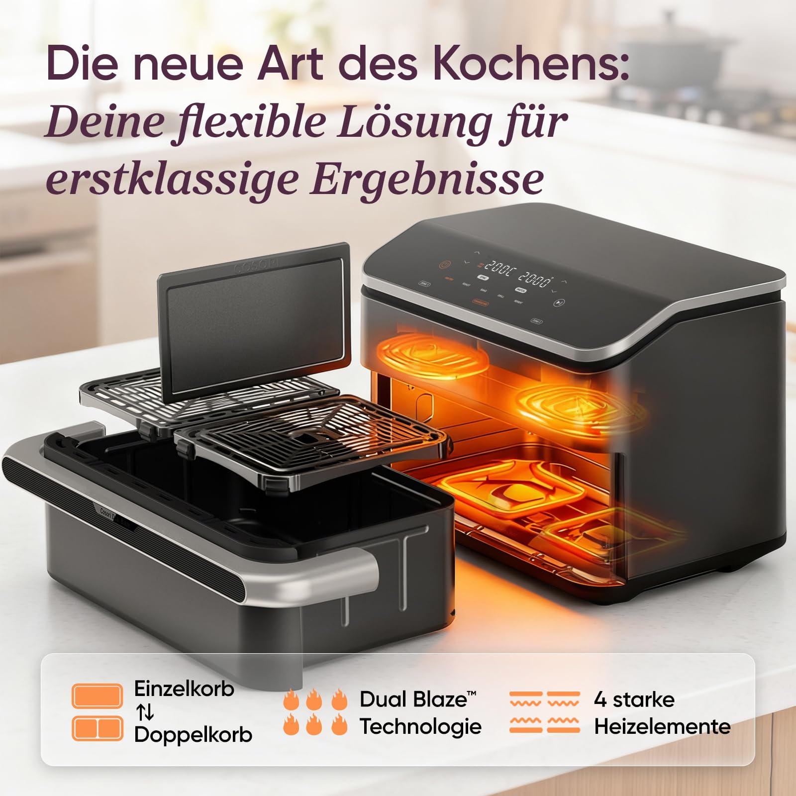 Cosori Airfryer Dual Blaze Twinfry Heißluftfritteuse mit flexiblen Kammern und 10L Fassungsvermögen