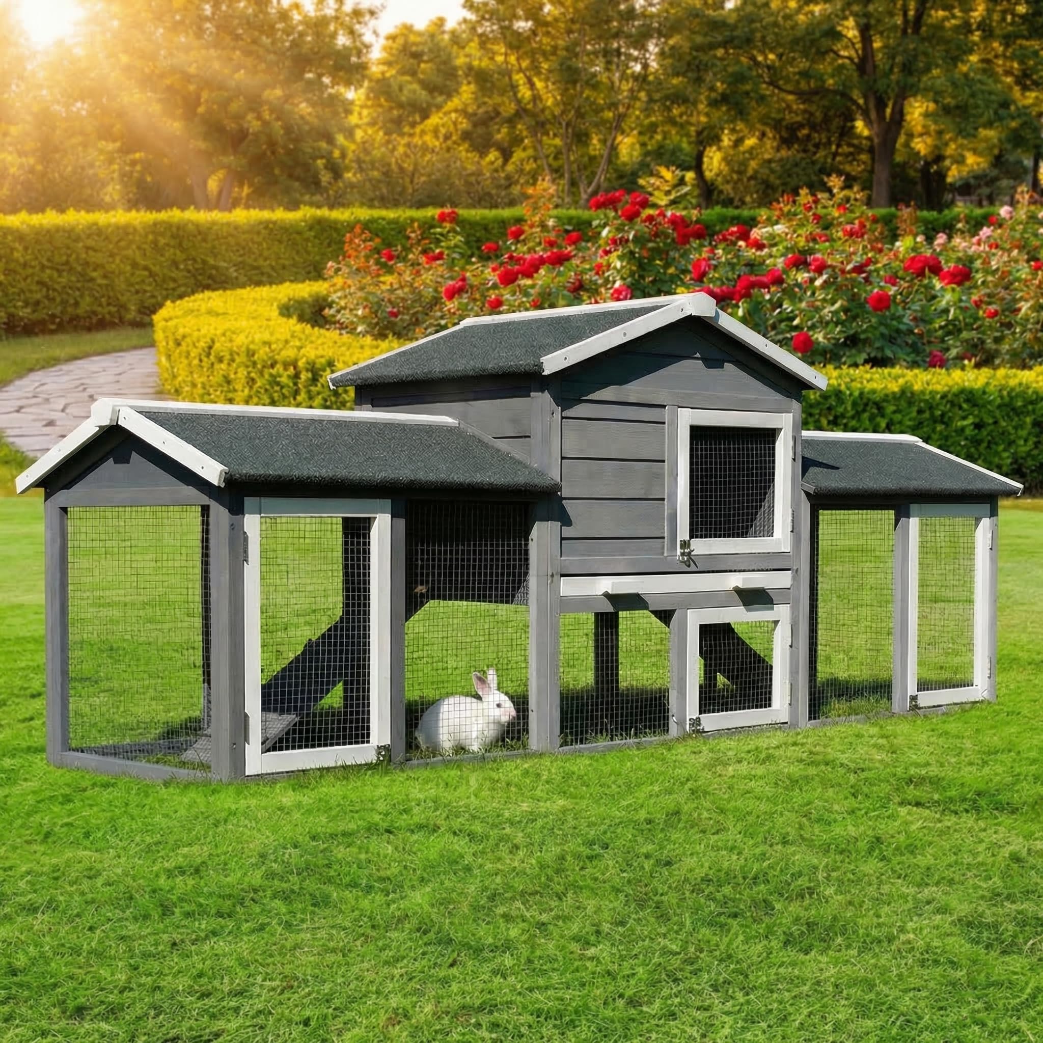 Hasenstall MH03 XXL 226x53x85 cm winterfest grau Kaninchenstall Außenstall aus Holz für draußen