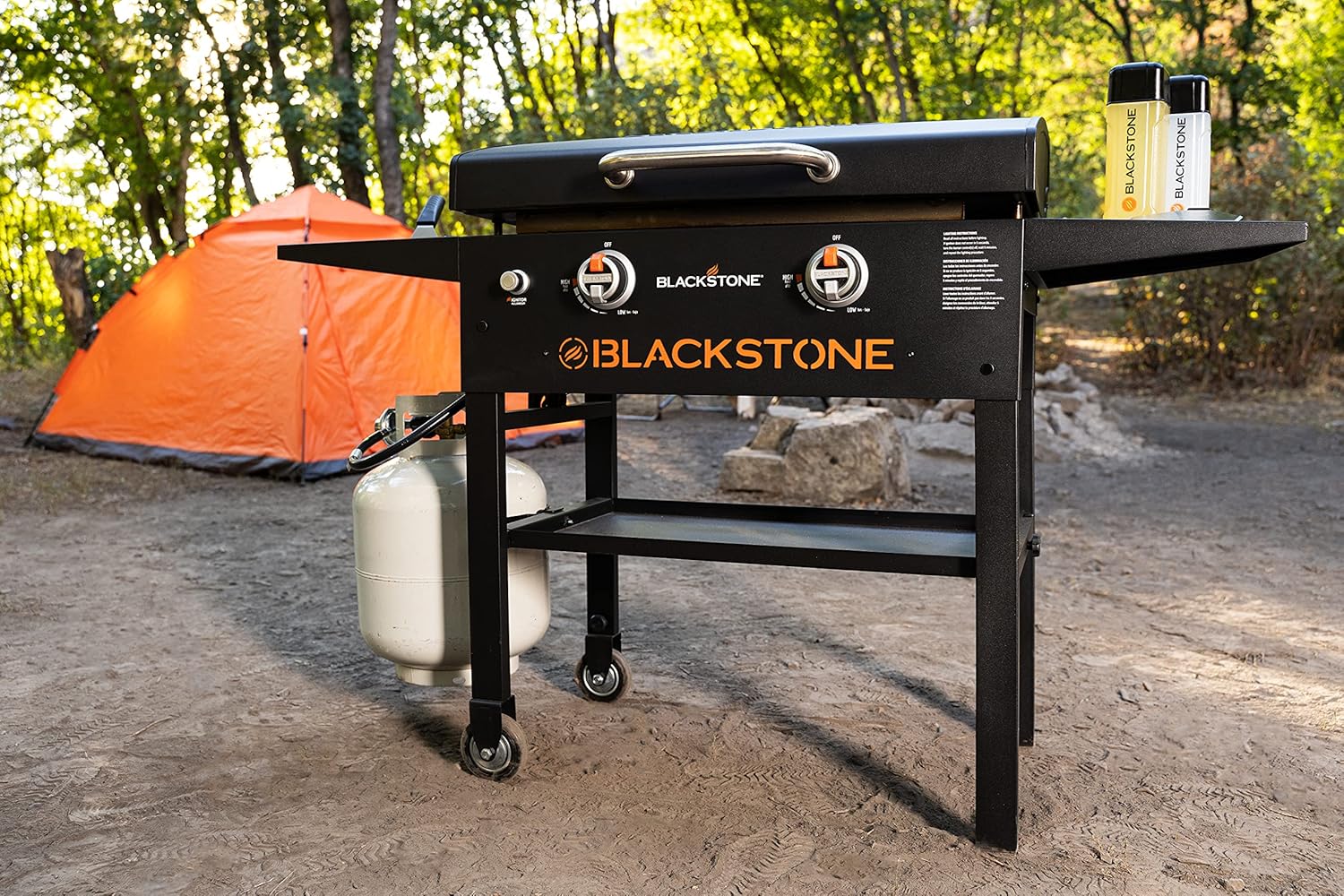 BLACKSTONE 1883 Original 28” Griddle with Integrated Protective Hood and Counter Height Side Shelves  Powder Coated Steel  Black