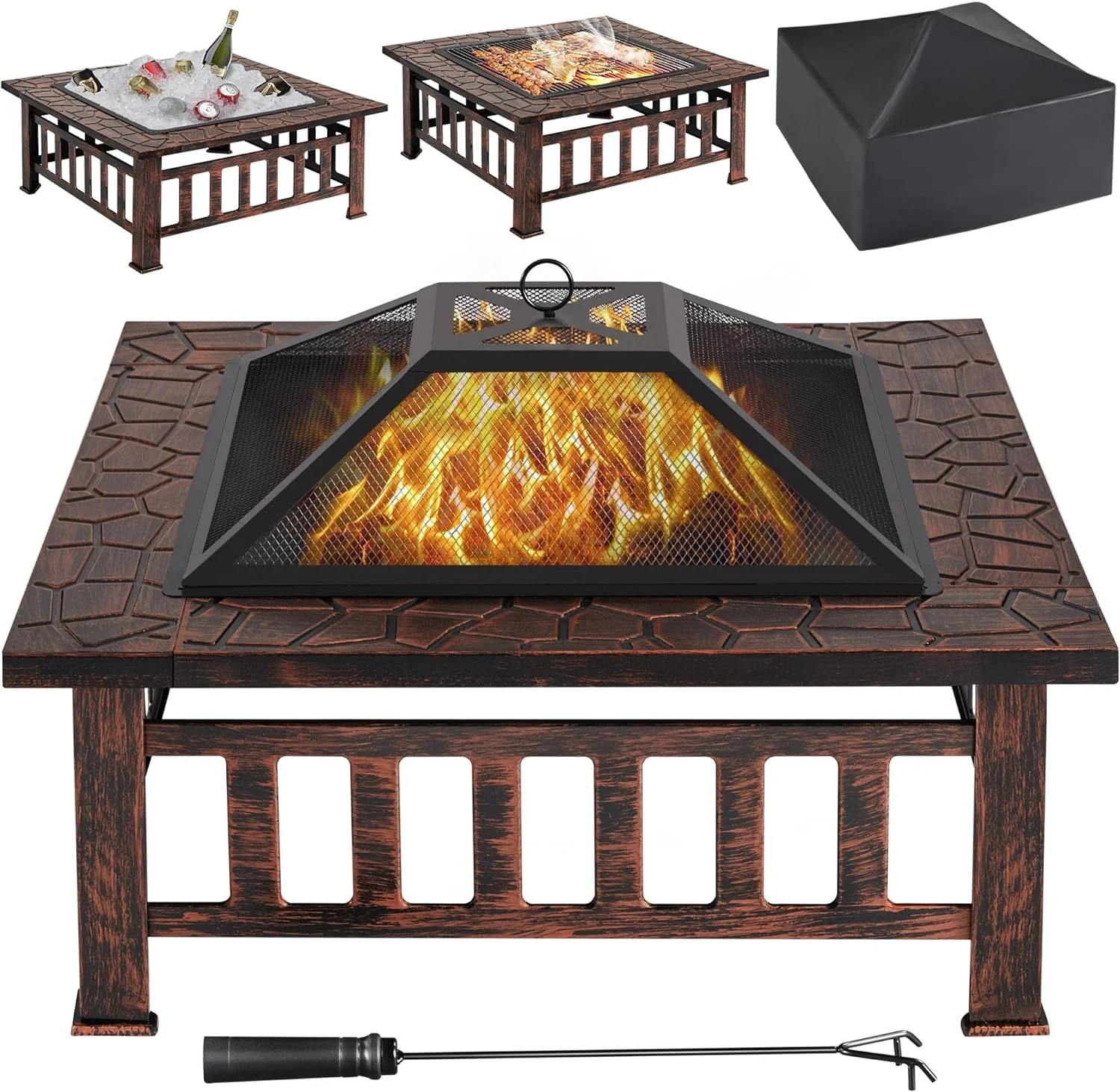 Yaheetech Multifunctional Fire Pit Table 32in Square Metal Firepit Stove Backyard Patio Garden Fireplace for Camping. Outdoor Heating. Bonfire and Picnic