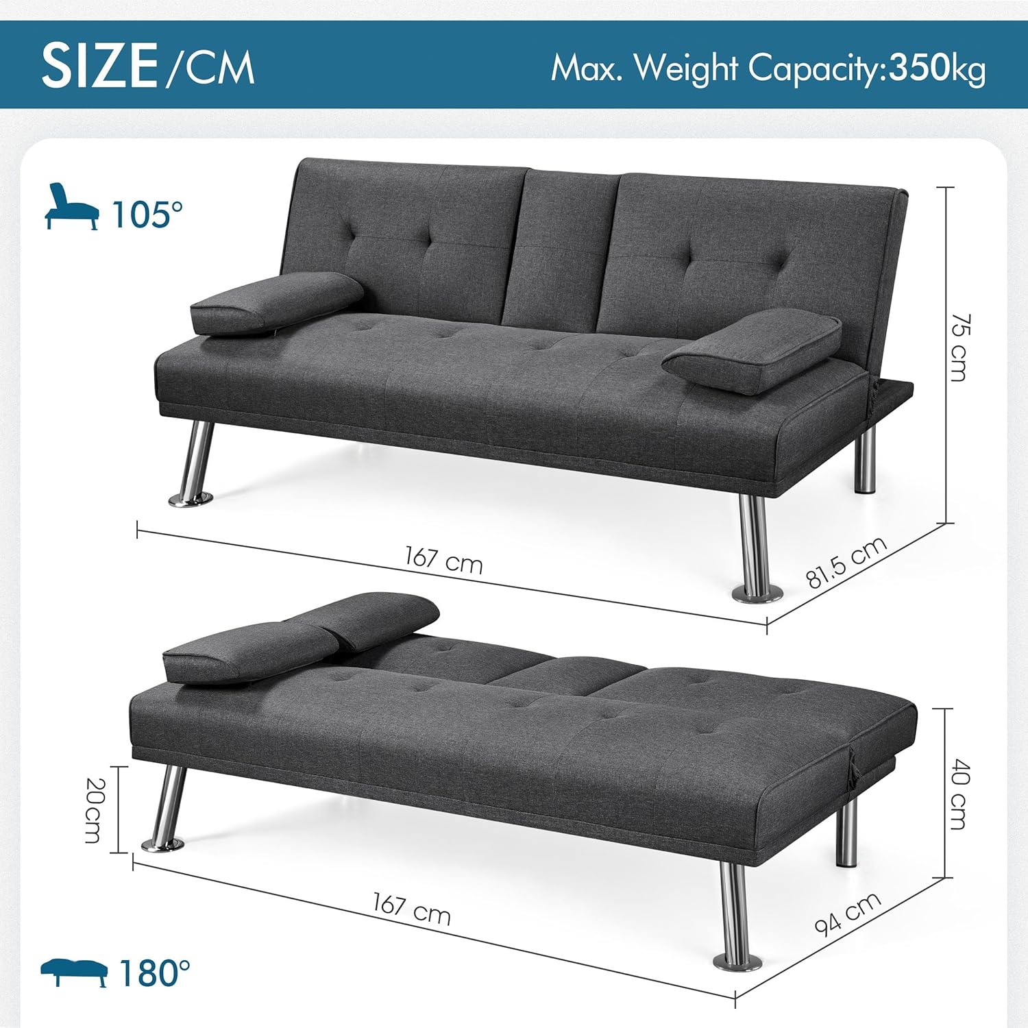Yaheetech Divano Convertibile in Letto con 2 Cuscini Divano Letto Pieghevole 3 in 1 Mobile Arredamento con Piccolo Tavolino 167 × 81,5 × 75 cm da Soggiorno in Tessuto Grigio Scuro
