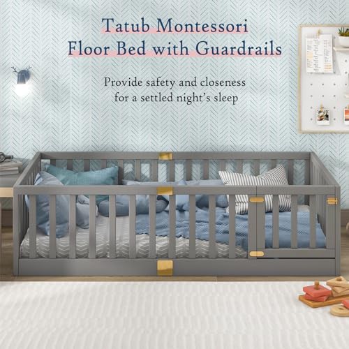 Tatub Montessori   Letto doppio a pavimento con parapetti di sicurezza, porta installabile a sinistra o a destra, struttura in legno grigio : Prima infanzia