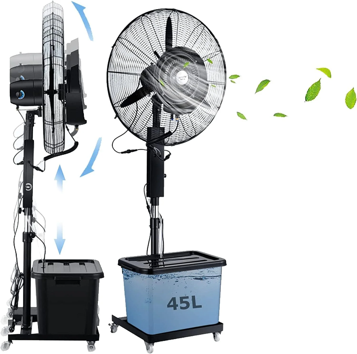 Nebelventilator, 43 L, Weiß, Oszillierender Stand mit 3 Geschwindigkeiten, 90° Drehung, Wassertank für den gewerblichen Gebrauch