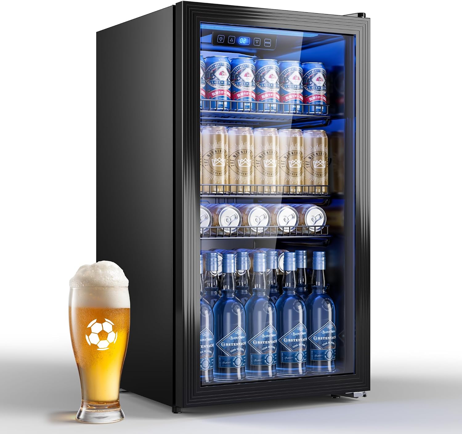 TRIUMPHKEY Frigorifero per Bevande 90 L con Porta in Vetro, Mini Frigo per 128 Lattine, Ripiani Regolabili per Birra, Vino e Bibite, Ideale per Casa, Bar e Ufficio