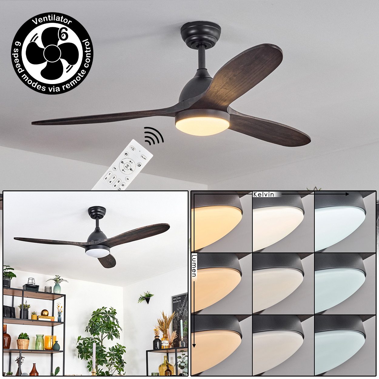 Deckenventilator dimmbarer Deckenventilator aus Metall/Holz in Schwarz/Mahagoni/Weiß