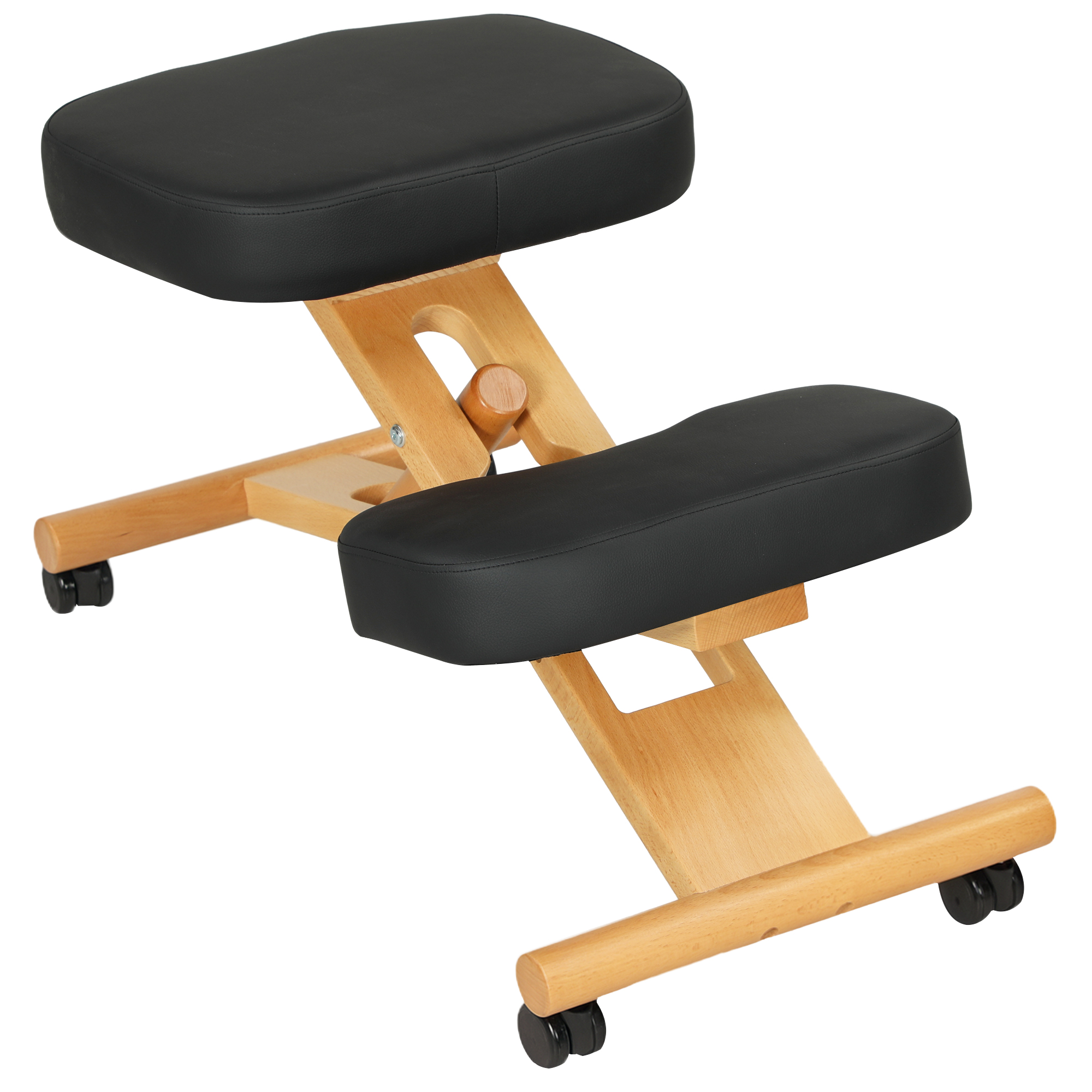HOMCOM Ergonomischer Haltungssessel mit Kniestsuhl, Höhenverstellbar und Rollen aus Holz, Schwarz