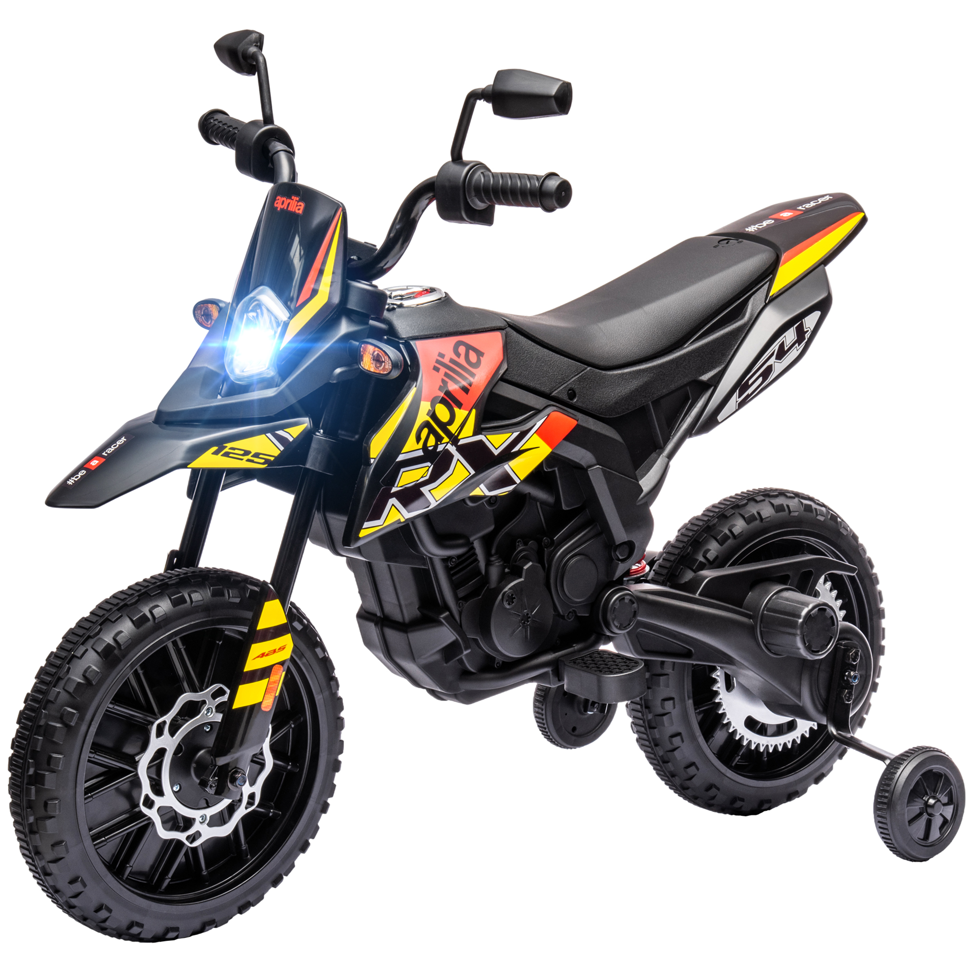 AIYAPLAY 12V Kindermotor met Trainingswielen, LED-Lichten, Muziek, USB, Elektrische Motorfiets voor Jongens en Meisjes, Geel