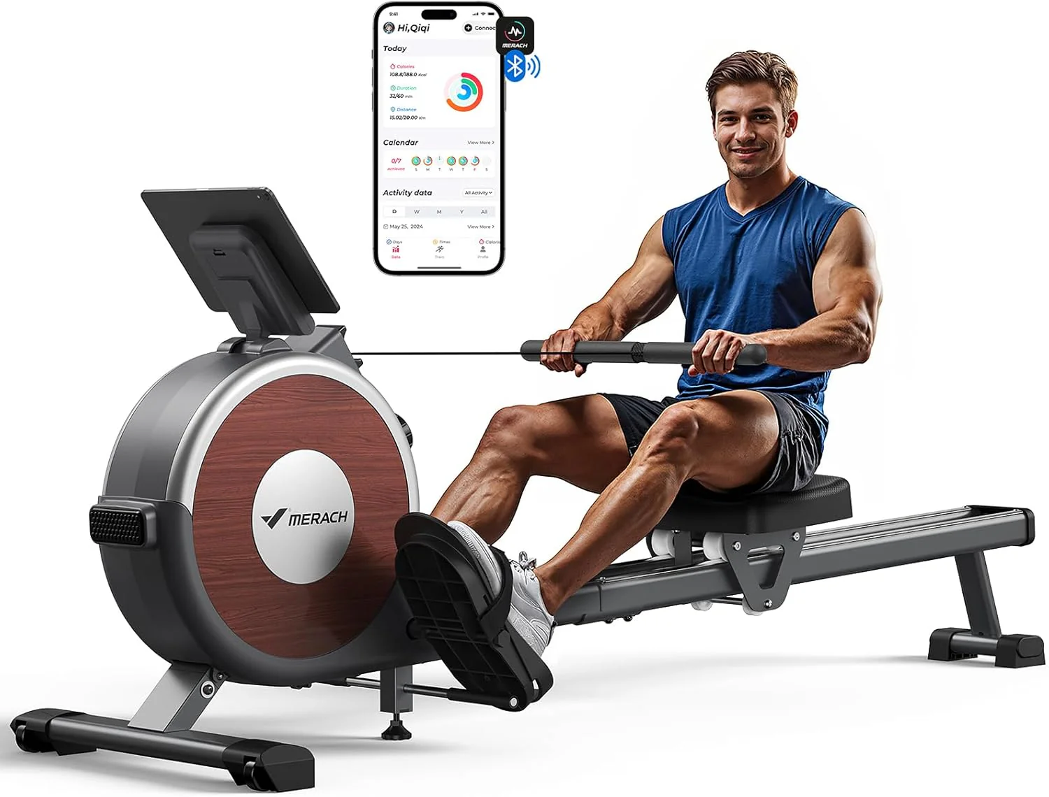 MERACH Q1s Rudergerät 160kg – 32-stufig Magnet, 5,5kg Schwungrad, App, Dual-Rail, 0,2m², Schwarz