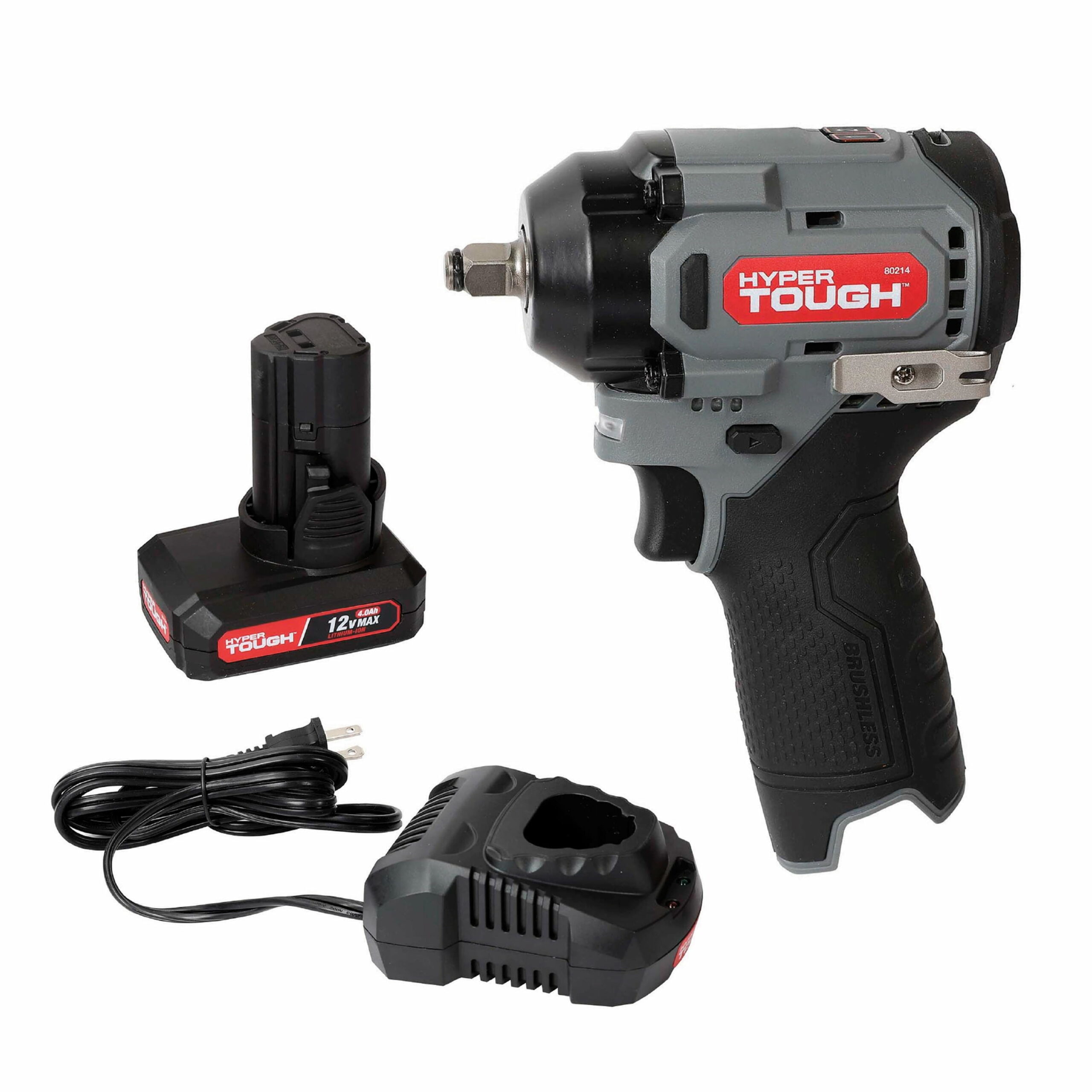 Hyper Tough 12V Cordless Brushless Impact Wrench, 225 ft lbs Torque, 4.0Ah Battery & Charger Included, 3/8&prime;&prime; Drive