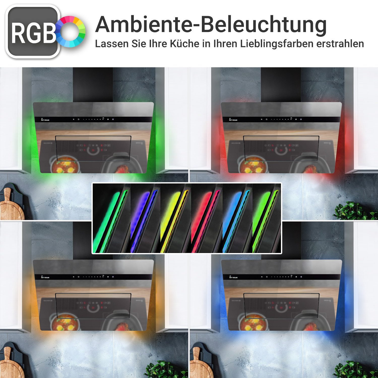 Wandhaube Dunstabzugshaube 80cm Spiegel-Design PLOOM8005M RGBW Ambientebeleuchtu