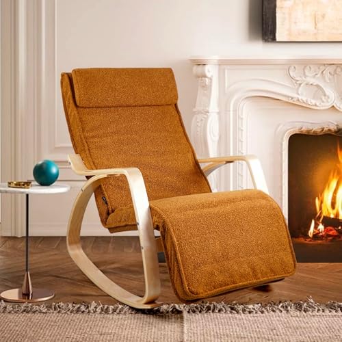 WeHome   Sedia A Dondolo Swing Amor Con Braccioli In Legno, Rocking Chair, Poltrona A Dondolo Con Poggiapiedi Regolabile, Poltrona Salotto, Poltrona Camera Da Letto (Bouclé, Ocra) : Casa e cucina