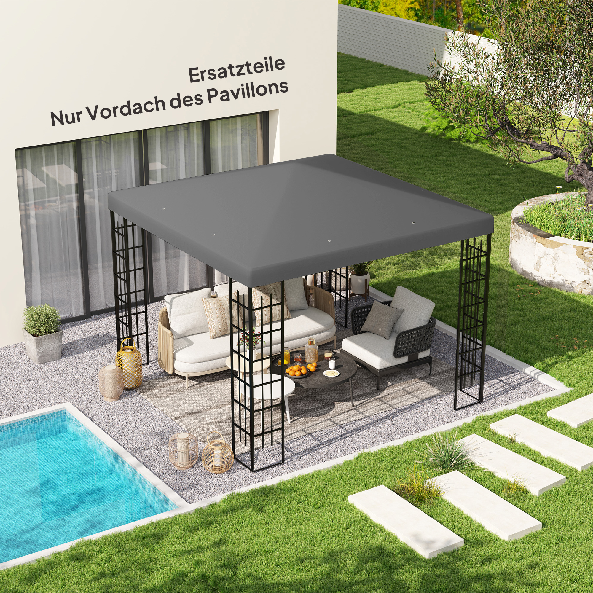 Outsunny 3 x 3 m Ersatzplane für Pavillon, Plane für Garten-Pavillon, mit Wasserablauföffnungen, UPF30+, Dunkelgrau