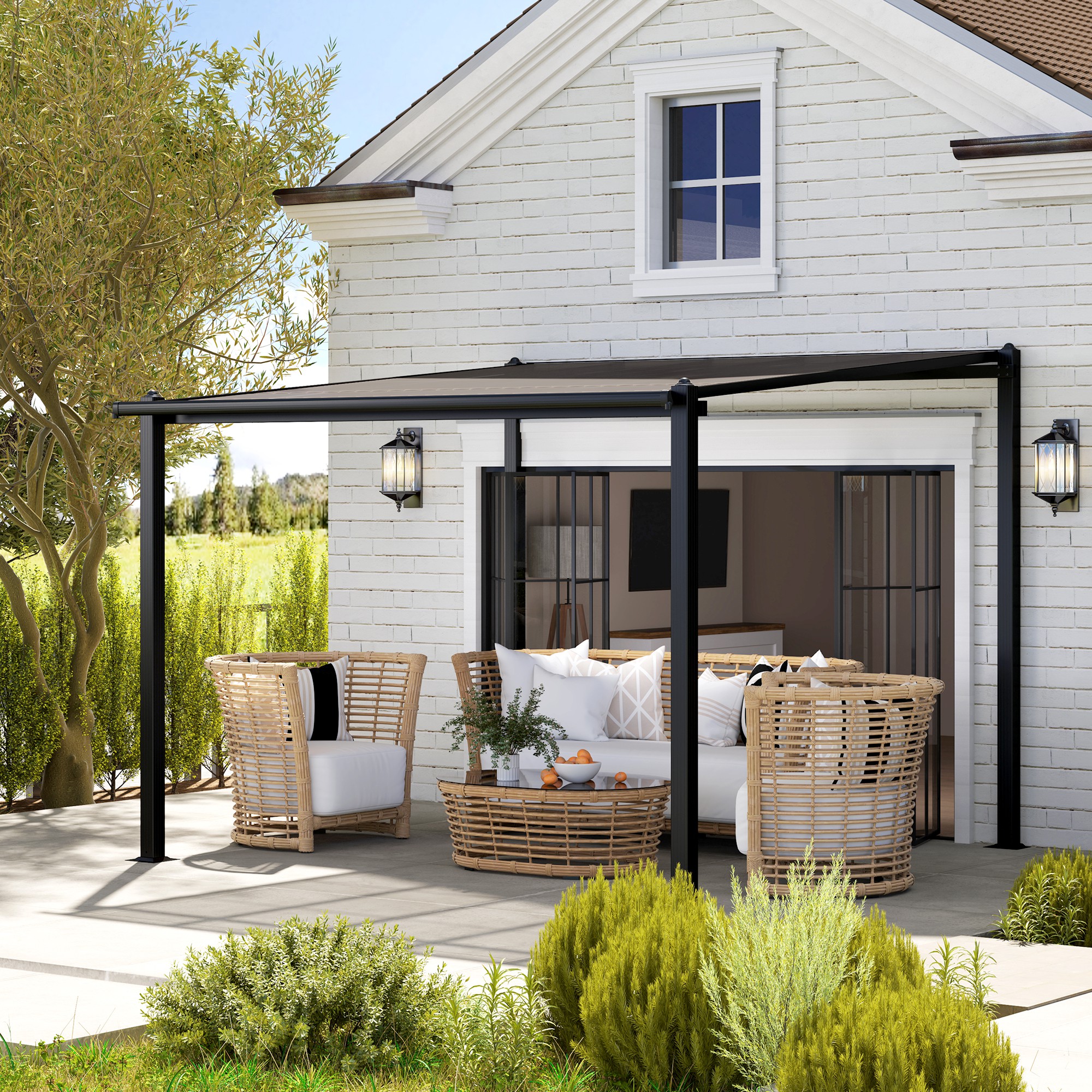 Outsunny Garten Pergola im Freien aus Aluminium 3 x 3 m mit wasserdichtem Polycarbonat-Dach und Abwassersystem, dunkelgrau