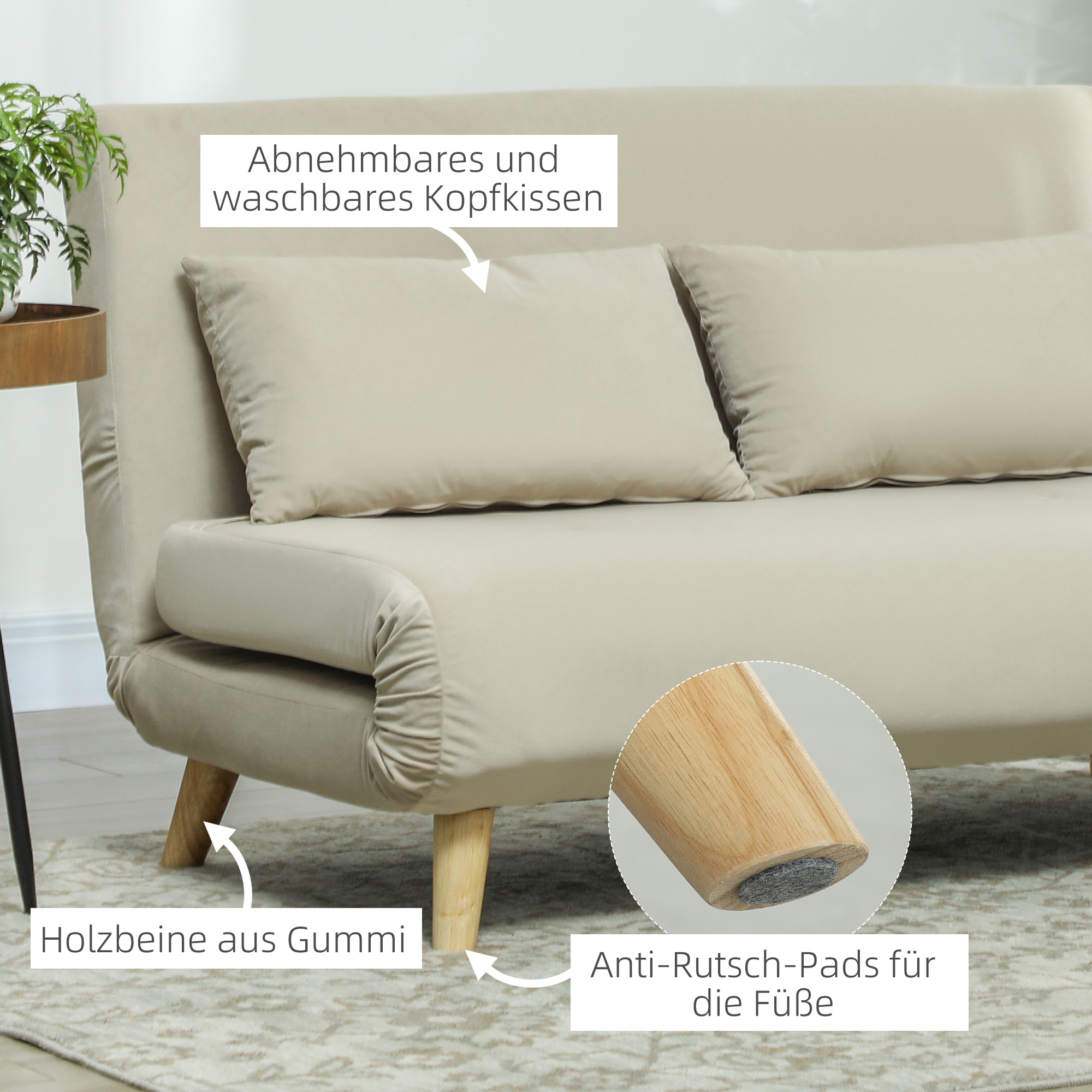 Slaapbank Relaxbank Sofa Couch, Incl. 2 Kussens, Fluweeloptiek, 130 x 78 x 79 cm, Beige