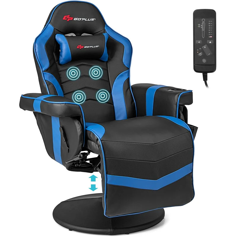 Ergonomic Gaming Recliner Chair with Massage, Retractable Footrest & Cup Holder, Height Adjustable Racing Style Swivel Video Game Chair