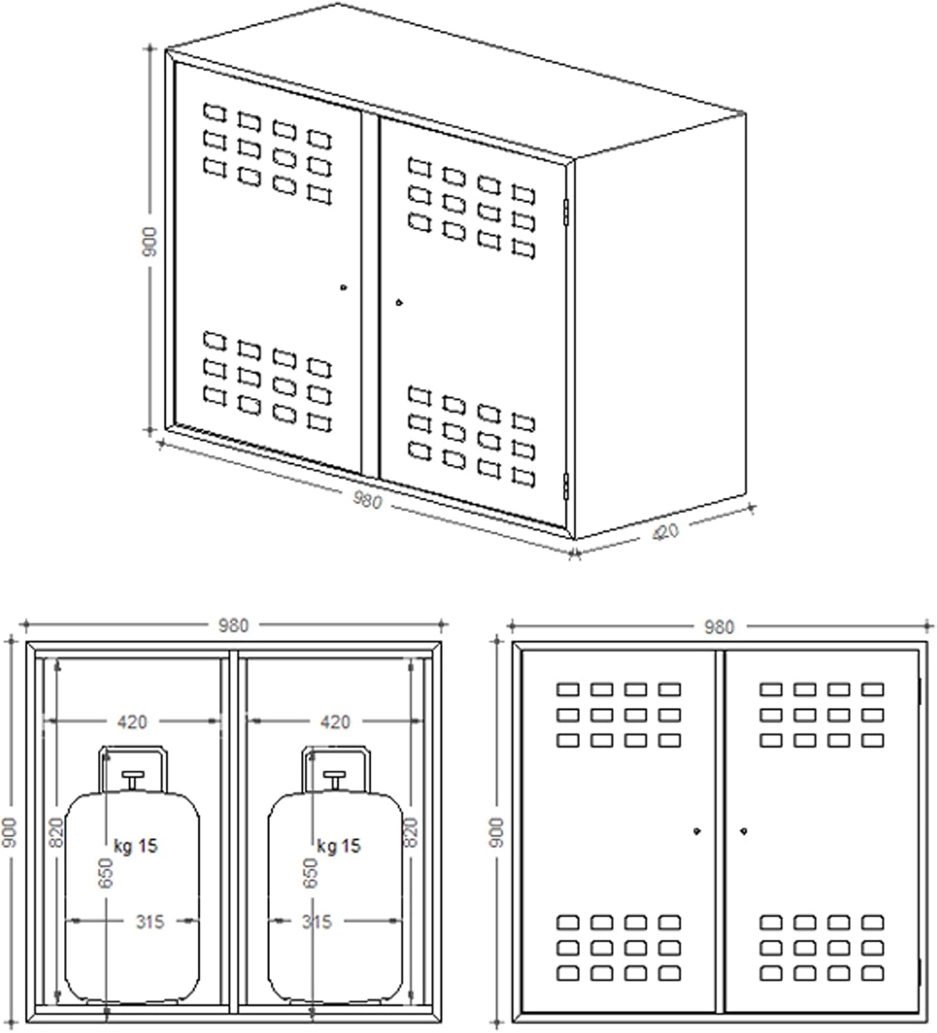 2 Outdoor Gas Cylinder Cabinet, Two Doors Galvanised Steel Reinforced with Ventilation, Secure Closure for Storage of 10-25 kg, Resistant to Atmospheric Agents