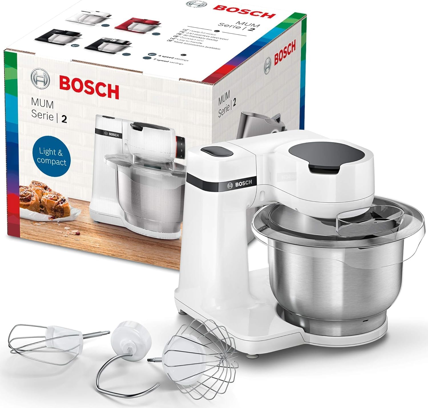 Bosch MUMS2EW00 Impastatrice, 700 W Ciotola da 3.8L in Acciaio Inox, Bianco