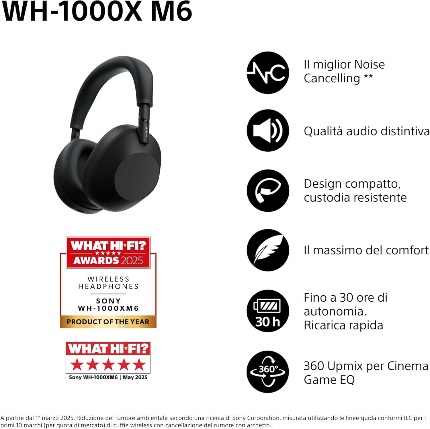 WH-1000XM6 Cuffie wireless Premium con cancellazione del rumore, audio Hi-Res, massimo comfort, design pieghevole, custodia resistente, batteria da 30 ore, iOS e Android - Black