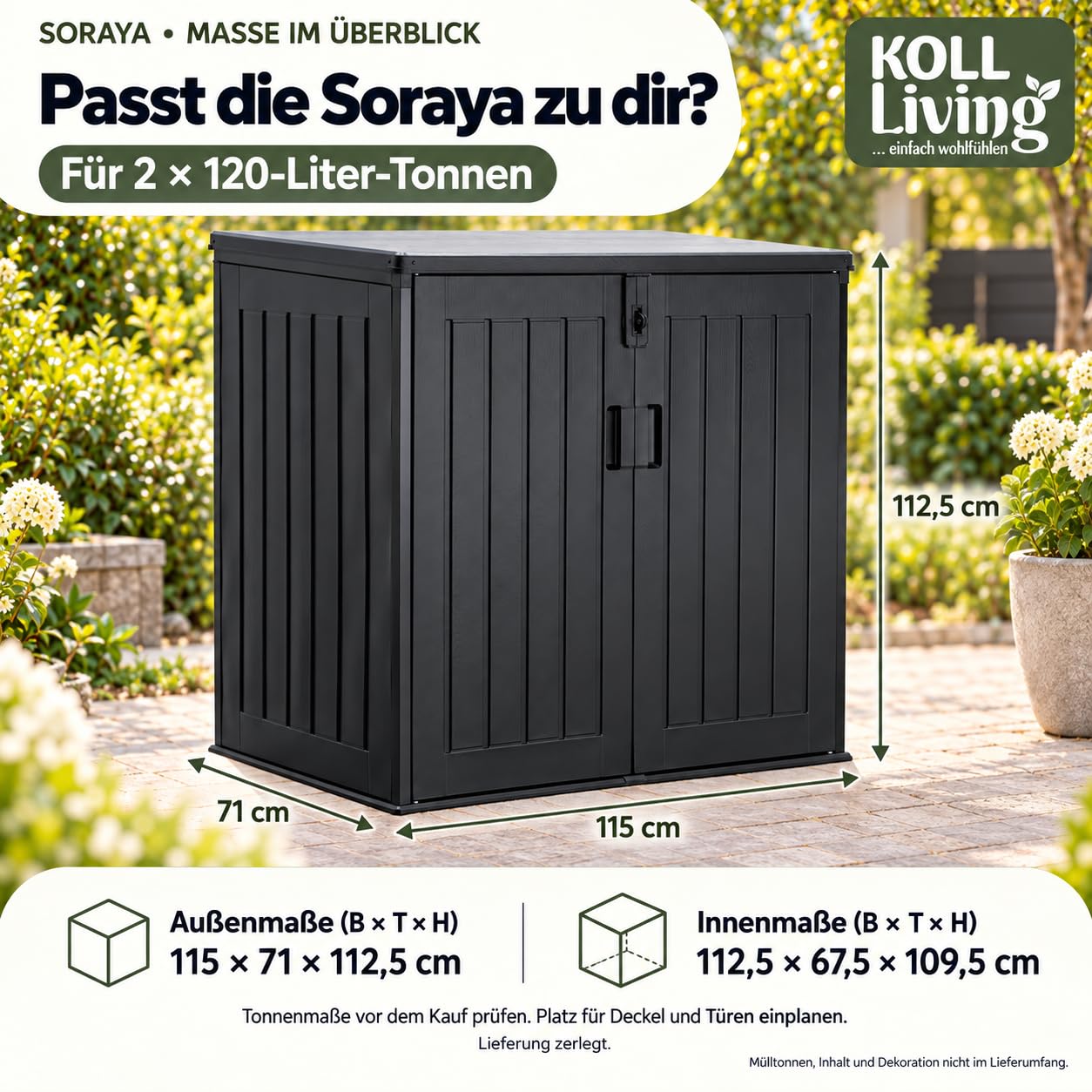 Koll Living Mülltonnenbox Soraya 775 L 115x71x113 cm abschließbar UV Schutz wetterfest schwarz für Mülltonnen
