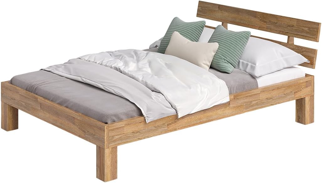 skølm Floki Massivholzbett 140x200 cm aus Eiche - hochwertiges Bettgestell - Bettrahmen mit Bettkopf - Holzbett in Natur geölt - Bett 140x200 cm geeignet als Doppelbett - Futonbett