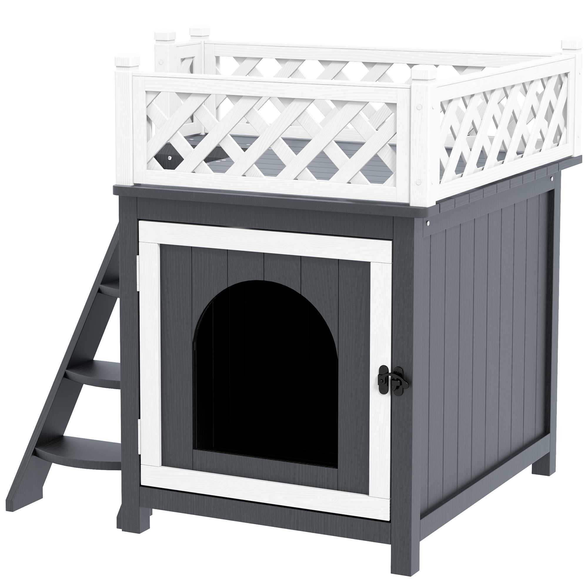 PawHut Katzenhaus, zweistöckig, mit Balkon und Treppe, für drinnen und draußen, für Katzen und Kaninchen, Tannenholz, Grau